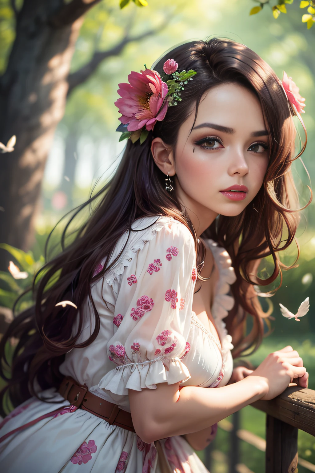(hiperrealista, fotorrealista, 8k, detalhes intrincados)) obra-prima, uma gueixa, linda, fofa, gostosa, flowing hair, fleshy lips, seios fartos, usando um quimono rosa lindo adornado de desenhos de flores, is playing birdseed for the birds in a park.