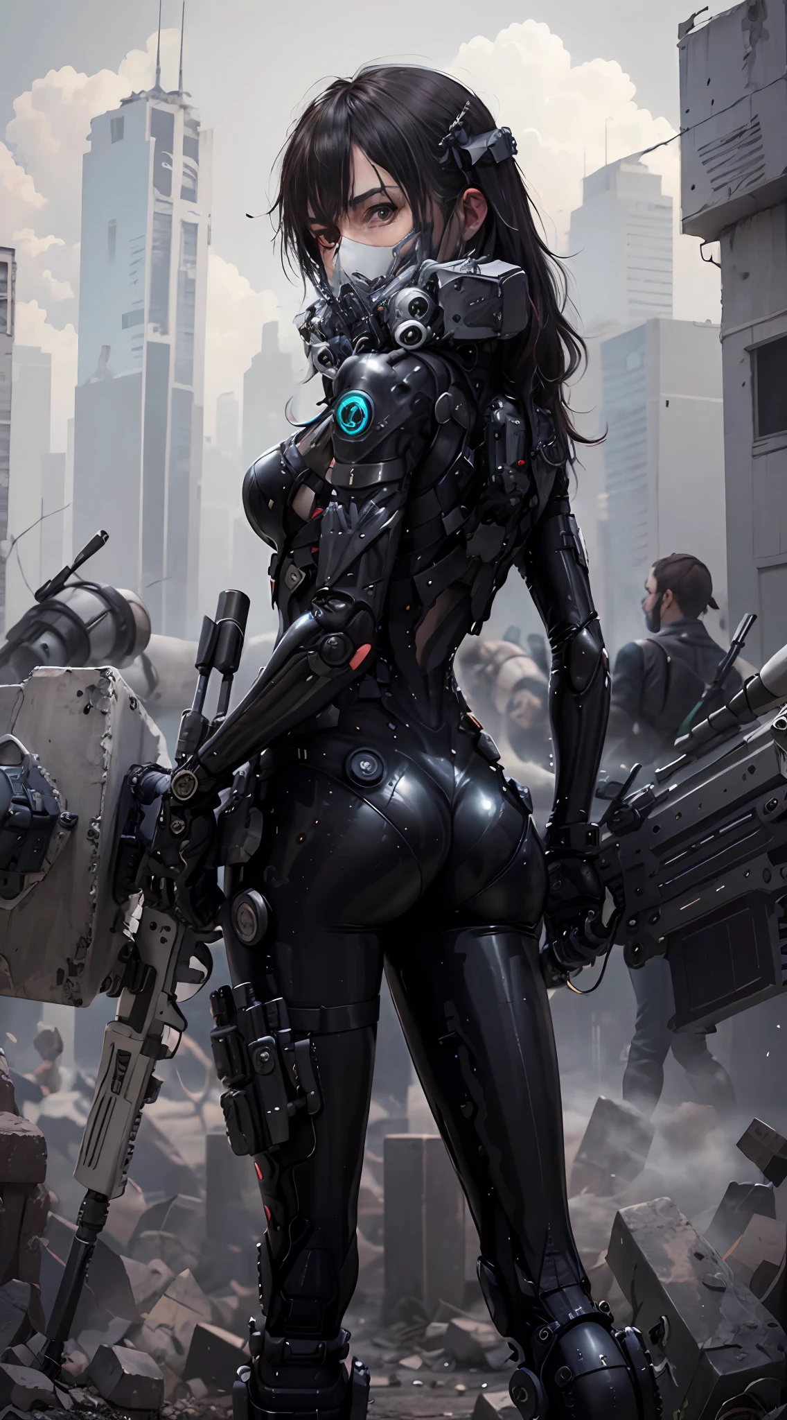 This is a CG Unity 8k wallpaper with ultra-detailed, high-resolution and top quality in cyberpunk style, dominated by black and red. In the picture, a beautiful girl with short white messy hair, a delicate face, wearing a steam mecha mask, standing on the ruins, (battle damage: 1.5), the action of a woman holding a heavy sniper rifle in her hand,