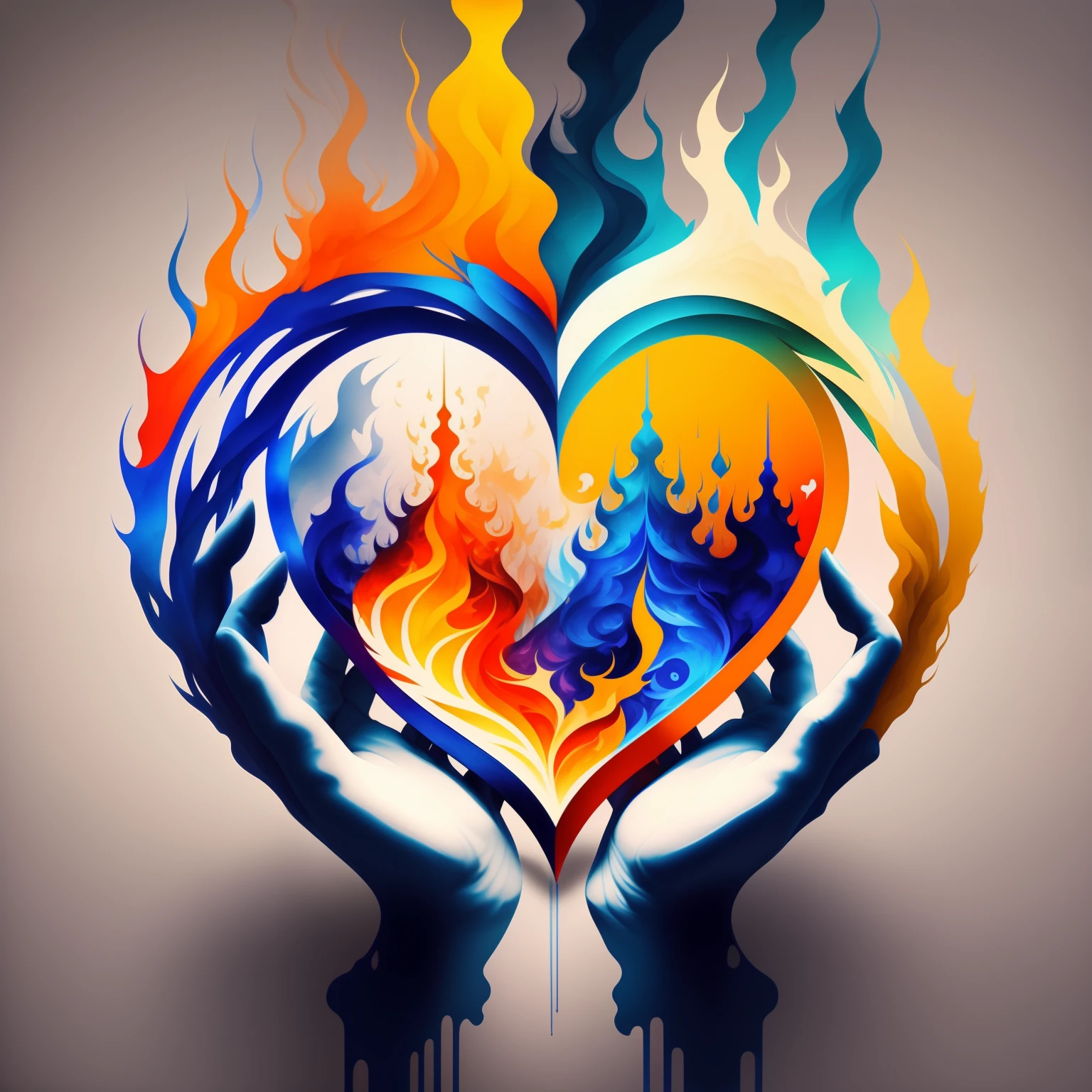 realism of a person in meditation or prayer,A burning flame in the shape of a heart, symbolizing the search for connection with the divine, 2D, work-Picasso the hand of God, colorful, colors blue white golden, detailed logo