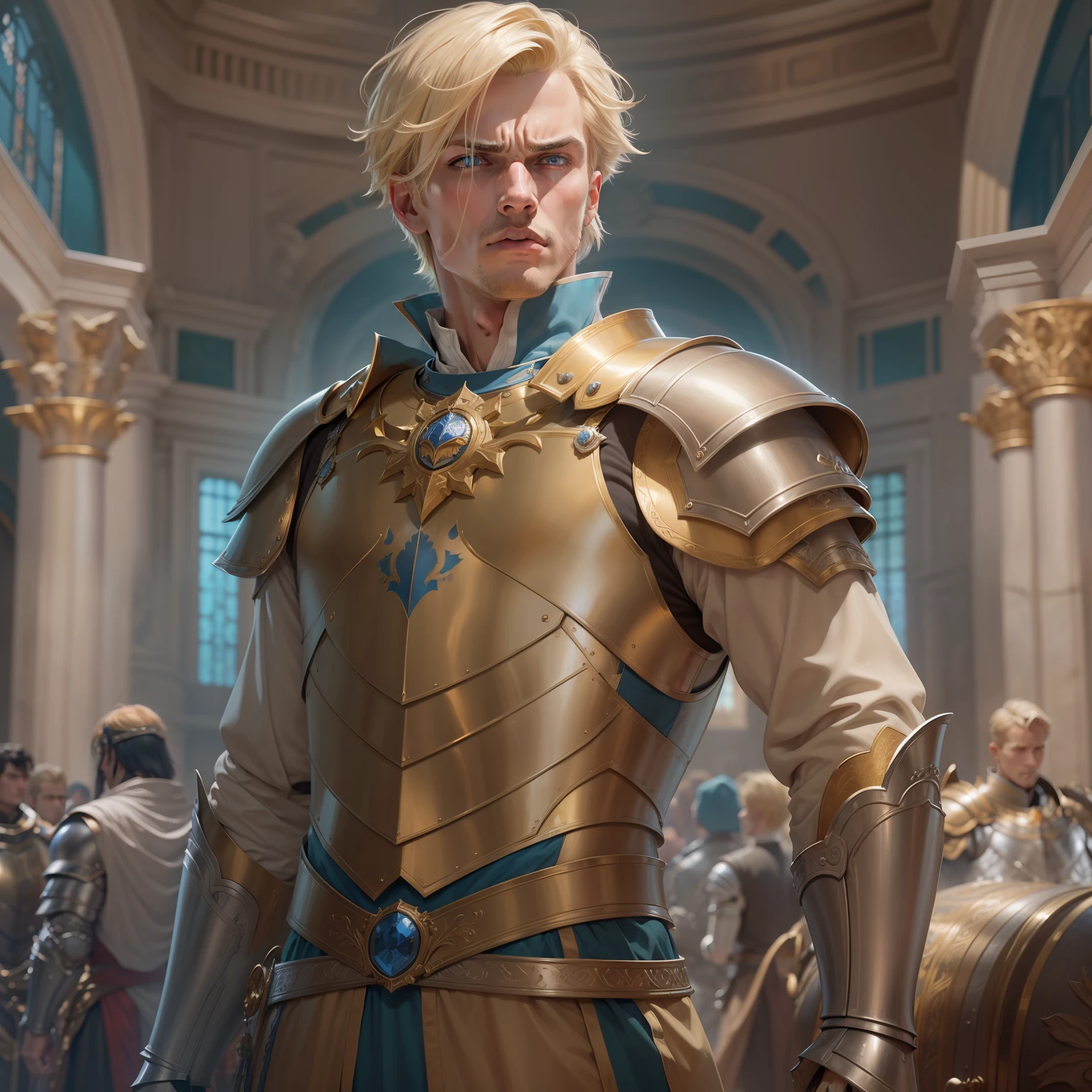 realistic image of a blond man with short hair, 30s, tall, strong, extremely detailed blue eyes, staring at a person, angry expression, dressed in a silver armor torso and golden shoulder pads, hunched over, scenery of a large hall of a royal palace