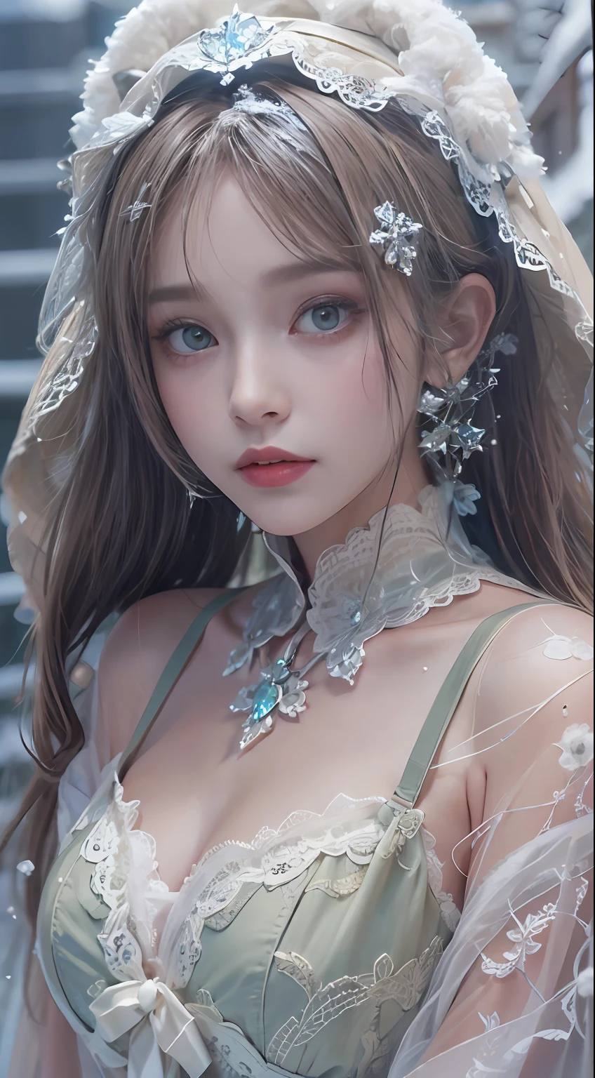(8K, RAW photos, best qualtiy, tmasterpiece:1.2),(realisticlying, photograph realistic:1.4),Hide your face with sadness,
ta costume,Lace, Aerith Gainsborough, The upper part of the body, undergarments,exposed bare shoulders, do lado de fora, (outside,Covered with snow,cloaks,) high high quality, Adobe Lightroom, highdetailskin, looking at viewert,
