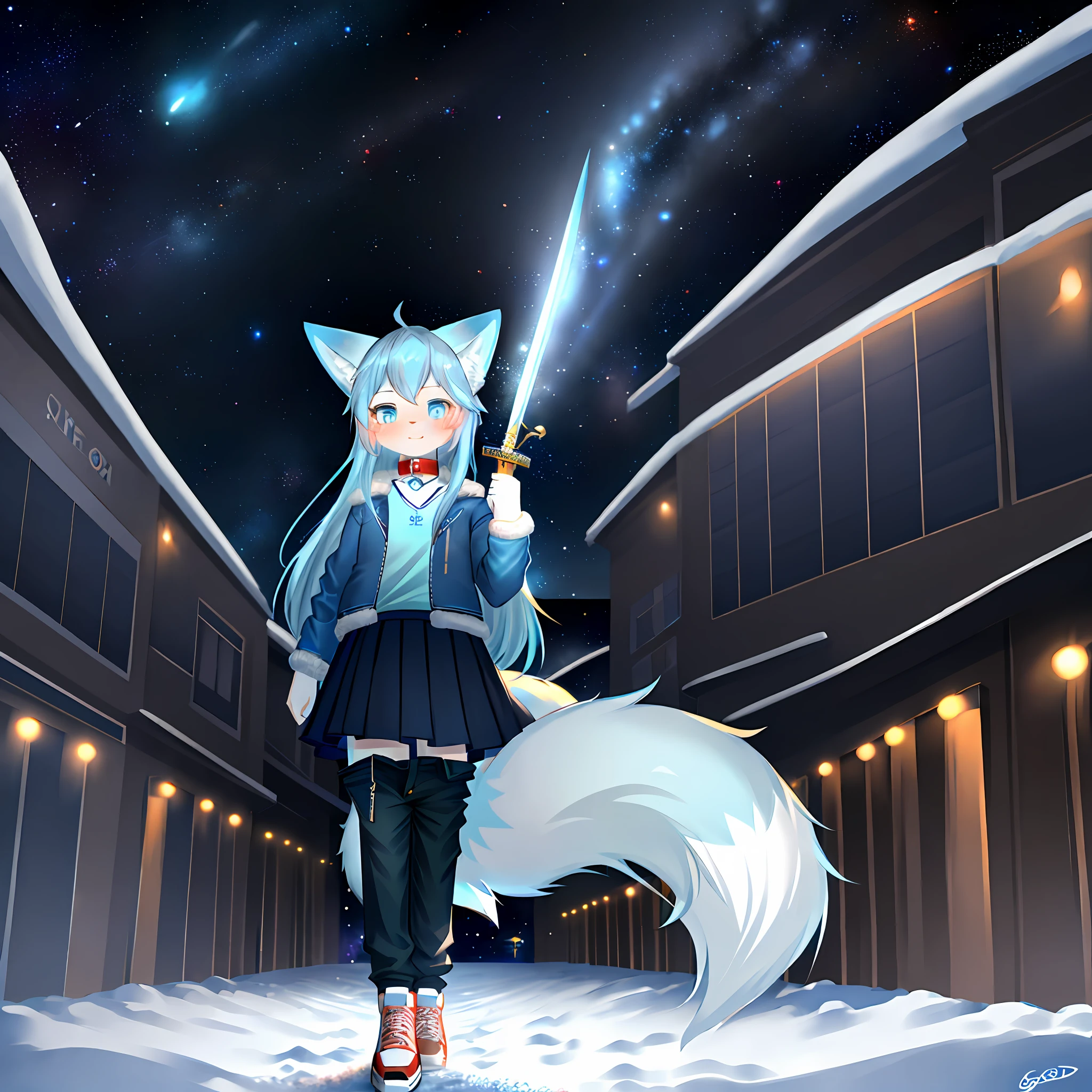 pov furry art, shota, long hair, blue eyes, glowing eyes, girl boy, snowfall, in the middle of the night, fox ears, navy blue ears, fox tail, dark blue fox, dark blue jacket, cute, collar, tail, space katana, fur body, girl full body, snow fox, character, masterpiece, fluffy tail, electric current,,highest image quality, 8K, full hd, tattoo, winter ,light blue hair, , child, begging for mercy, hd, super cute face, light blue fur, ( Full body: 1.1), Perfect Lighting, (Masterpiece), (Super Meticulous), EyesGod, Blush, White Clothes, Looking at the Audience, Solo, Pants, Tail, Long Skirt, Outdoor, Shoes, White Fox, Armed with a Sword, Sci-Fi, Battle Scenes with Enemies, 10 Years, BREAK