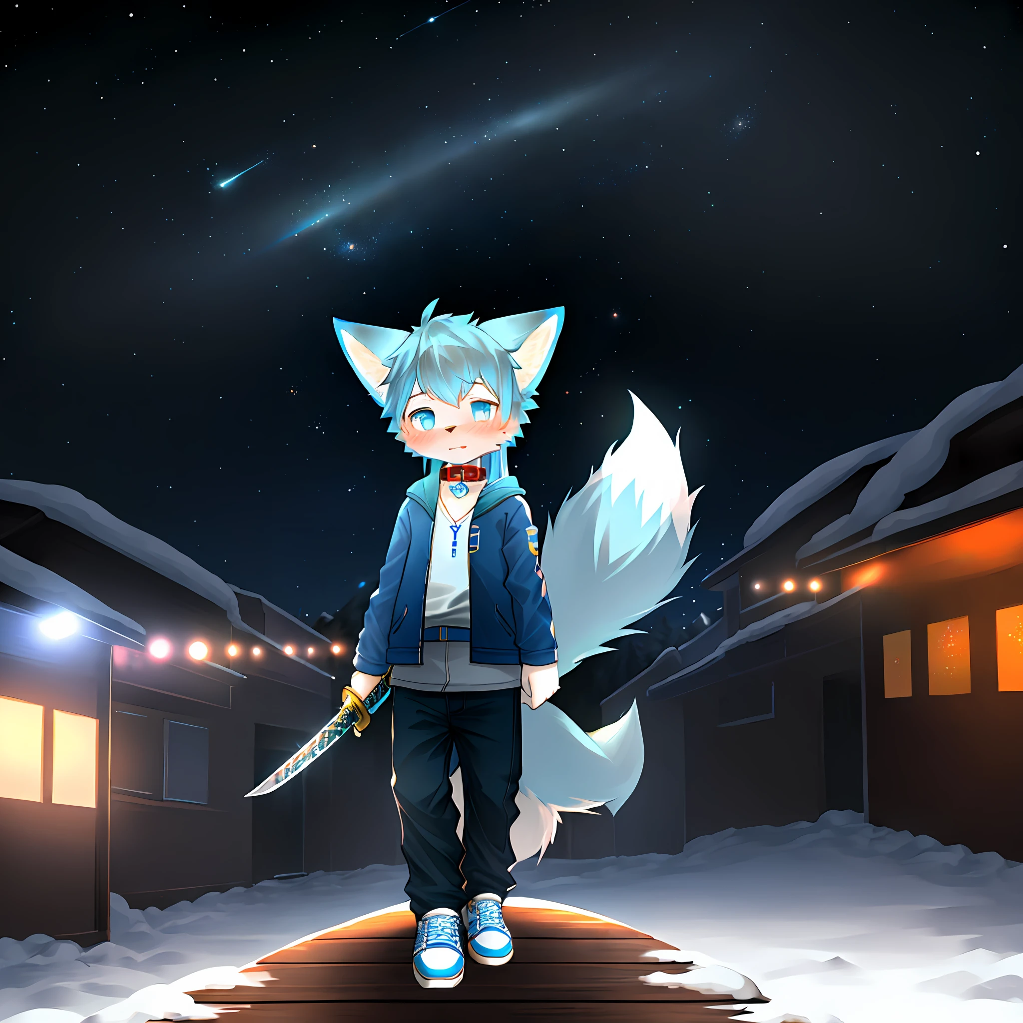 pov furry art, shota, long hair, blue eyes, glowing eyes, girl boy, snowfall, in the middle of the night, fox ears, navy blue ears, fox tail, dark blue fox, dark blue jacket, cute, collar, tail, space katana, fur body, girl full body, snow fox, character, masterpiece, fluffy tail, electric current,,highest image quality, 8K, full hd, tattoo, winter ,light blue hair, 10 years old, child,,struggle, beg for mercy, hd, niji, ( 1boy:1.4), (jw3), fox boy, (furry:1.5), (cub), super cute face, light blue fur, (full body: 1.1), perfect lighting, (masterpiece), (super detailed), eyesgod, blush, white clothes, looking at the audience, solo, pants, tail, long skirt, outdoors, shoes, white fox, holding a long sword, sci-fi, battle scenes, 10 YEARS, BREAK