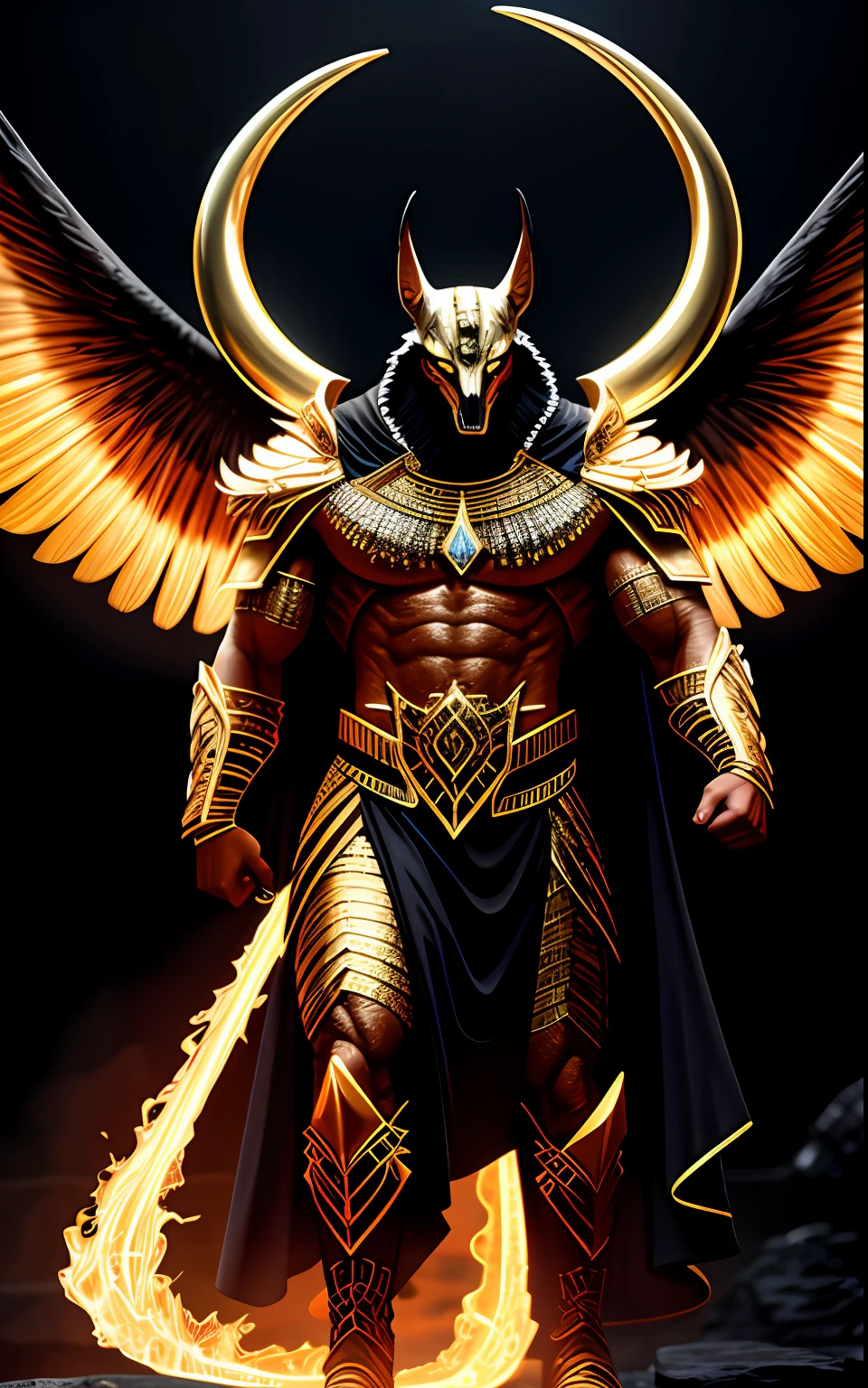 (high quality), photorealistic, (oil painting)
jewelry, (solo),
(dynamic pose), towards right, ((hell gate)), fire, hell landscape, (the underworld), (dark landscape),
anubis, egyptian jackal headed god, anthro, muscular, (holding golden scales), dynamic pose, cinematic, dramatic camera angle, golden armor:0.25, black & gold cape, (good anatomy), (good proportions), award winning, masterpiece, centered,