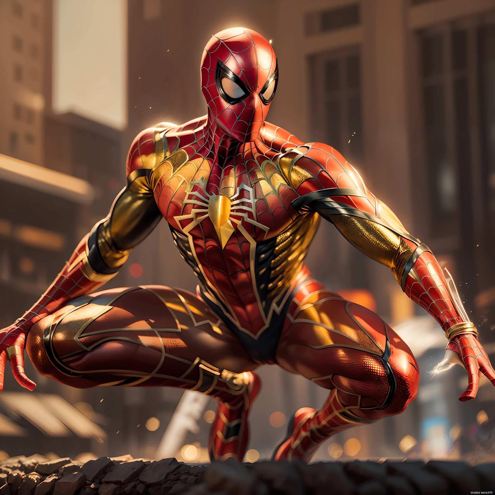 Spider-Man in Golden Armor Magnificent Pose Exuberant Divine Cinematic