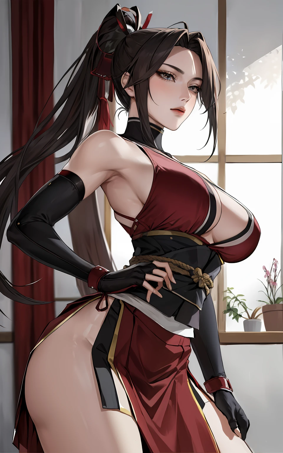 Masterpiece, exquisite, (realistic, woman alone, alone, beautiful face, slender face, beautiful eyes), (breast), thighs, long hair, ponytail, including breasts, red, shinobi, ninja, shoulder out, elbow gloves, skirt curtain, fan, fan