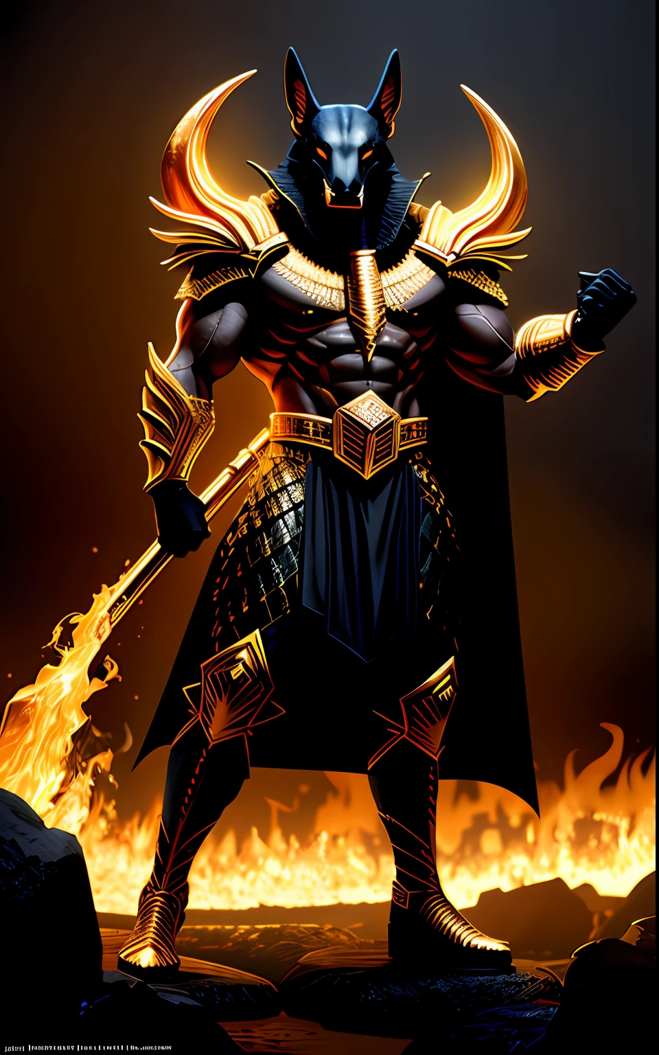 (high quality), photorealistic, (oil painting)
jewelry, (solo),
(dynamic pose), towards right, ((hell gate)), fire, hell landscape, (the underworld), (dark landscape),
anubis, egyptian jackal headed god, anthro, muscular, (holding golden scales), dynamic pose, cinematic, dramatic camera angle, golden armor:0.25, black & gold cape, (good anatomy), (good proportions), award winning, masterpiece, centered,