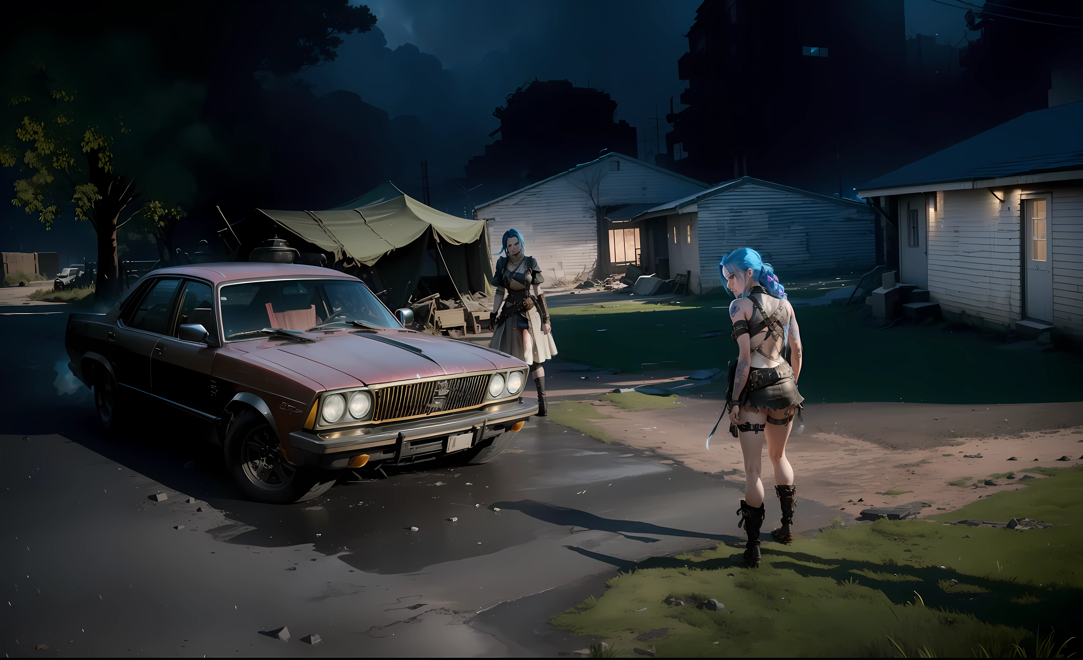 ((Best quality)), ((masterpiece)), (highly detailed:1.3), 3D, arcane style,In the dark and courageous dystopian city of Piltover, plagued by violence and divided into two opposing factions, a young prodigy named Jinx emerges. Having endured unimaginable loss and abandonment, she embraced a life of chaos and destruction. Known for her inventive and explosive abilities, Jinx becomes an icon of rebellion against the oppressive forces that control the city. However, haunted by guilt and battling inner demons, she must confront her past and decide whether to continue on the path of anarchy or seek redemption amid the turmoil. Explore Jinx's journey as she navigates a treacherous world, fighting for survival, unlocking secrets, and discovering the true meaning of her twisted existence, chaos reigns supreme, and at the center of it all is Jinx, the embodiment of unpredictability. Delve deep into Jinx's twisted mind, exploring the origins of his madness and the driving force behind his destructive nature. Unravel the moments that shaped her into the crazed, iconic character we know. Take us on a wild journey through the vibrant streets of Piltover and the shadowy suburb of Zaun as Jinx wreaks havoc with his explosive arsenal. Can redemption find its way into Jinx's fractured soul? Or will she dance forever on the edge of sanity, embracing the chaos that fuels her very existence? Arcane's fate hangs in the balance as Jinx's path intertwines with unlikely allies and formidable enemies. Ignite your imagination and paint a vivid portrait of Jinx's distorted psyche, capturing the essence of her madness and the indomitable spirit that defines it, HDR (High Dynamic Range), Ray Tracing, NVIDIA RTX, Super-Resolution, Unreal 5, Subsurface Scattering, PBR Texturing, Post-processing, Anisotropic Filtering, Depth of Field, Maximum Clarity and Sharpness, Multit Textures