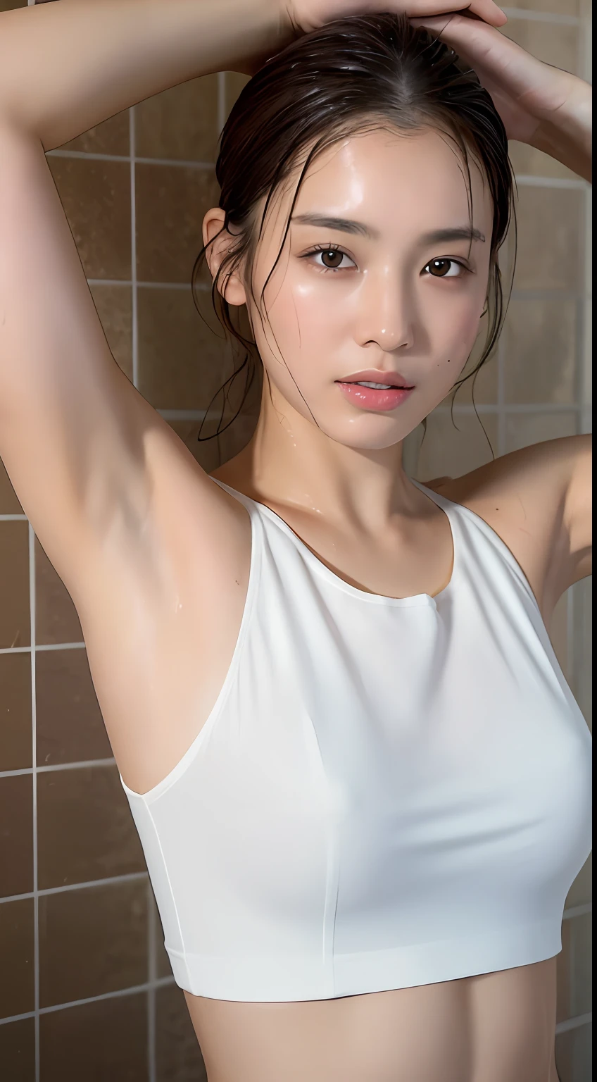 ((top-quality、8K、masterpiece:1.3))、Beautuful Women、1 female、爆乳:1.3、Slender body type:1.1、Toned body、dark brown hair、(a wet body、Wet T-shirt:1.1)、Super Detailed Face、Detailed lips、A detailed eye、二重まぶた、Shower room、Hands raised、Beautiful armpits、Hiding hands