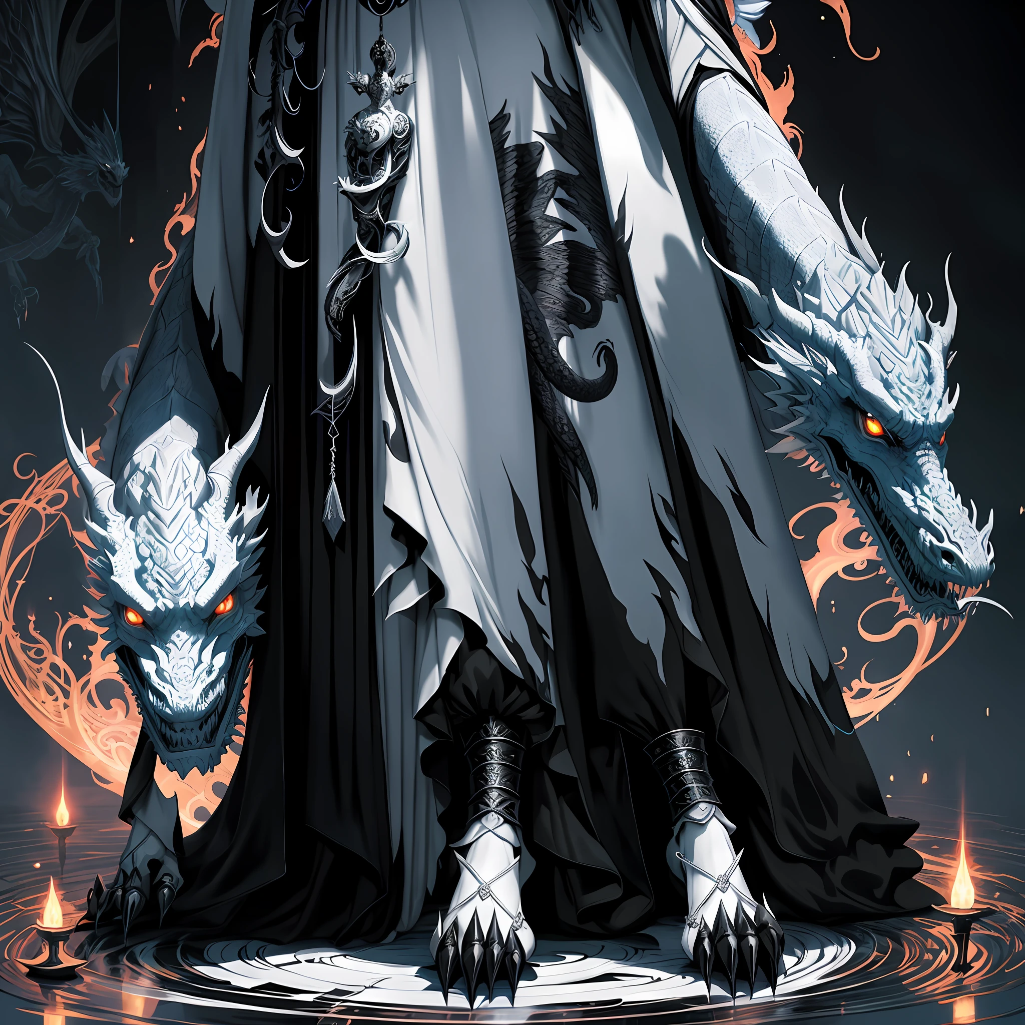 There was a woman in a black and white dress holding a dragon, an ominous fantasy illustration, beautiful male god of death, Onmyoji detailed art, great digital art with details, Detailed digital 2D fantasy art, Epic fantasy digital art style, dan mumford tom bagshaw, Robe. extremly high detail, stunning digital illustration, Detailed fantasy illustration