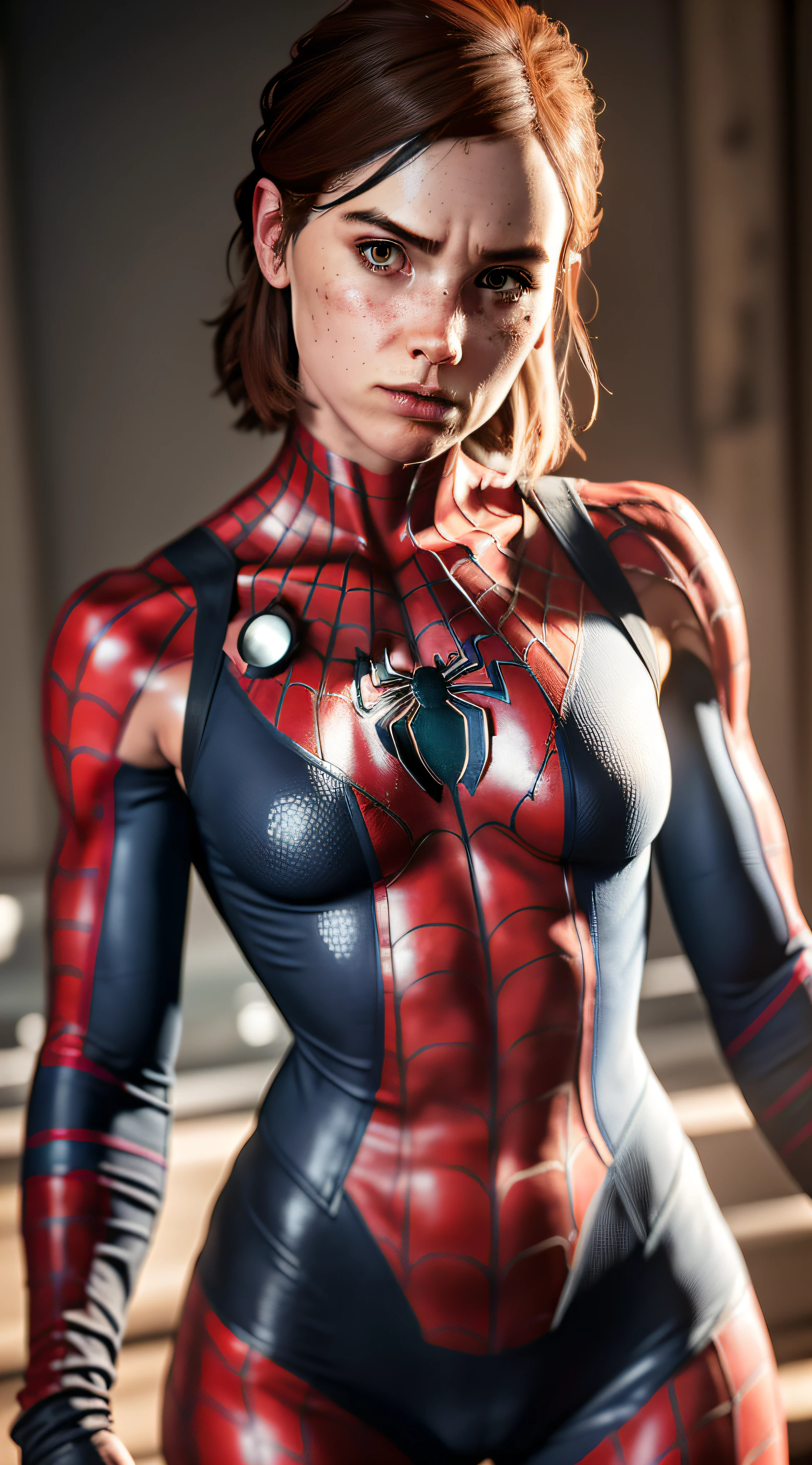 Spider-Man is a woman, wearing the traditional costume of Spider-Man, ((costume covers the whole body)), freckles, spider symbol on the detailed chest, (((skinny female body)), thin waist, heroine posture, 8k, uhd, perfect lighting, more vivid colors, high quality, sharp focus, Fujifilm XT3