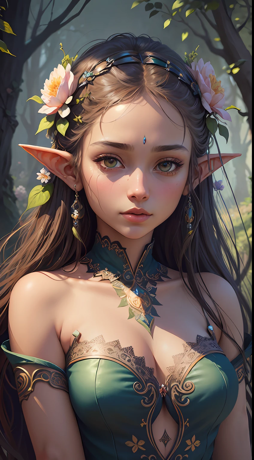 There is a digital picture，Girl with flowers in her hair, DeviantArt ArtStation CGSCOSIETY, digital fantasy art ), fantasy art behance, hyperrealistic fantasy art, beautiful digital artwork, Elf Girl, realistic fantasy illustration, detailed fantasy digital art, kali, digital fantasy art, beautiful digital illustration, realistic fantasy artwork, stunning digital illustration