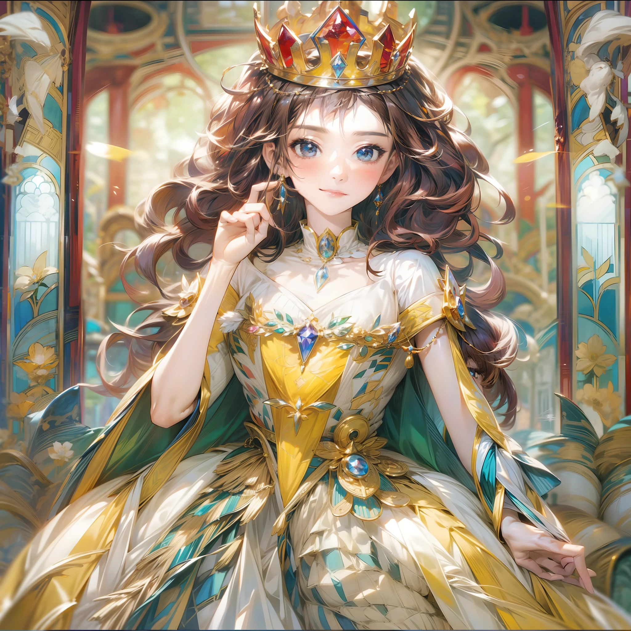 8K、An illustration depicting the glory of the queen in ultra-high definition detail。The subject is１A dignified woman of man、Dressed in a queen's costume。She wore a gorgeous dress、It carries a glamorous crown on its head。Long hair is luxuriously put together、The inner color shines colorfully。

The background is a luxurious palace、It is beautifully decorated to symbolize the glory of the Queen.。Magnificent stained glass reflects light、Beautiful flowers々and carved rooms are painted。

The pose expresses the majesty and elegance of the queen.、I have a scepter in my hand。With a confident look、Looking around。

The costume is a luxurious dress that symbolizes the glory of the queen.、It has a gorgeous design。Crowns and jewels are used luxuriously、Highlights the majesty of the Queen。

The expression gives the impression of grace and nobility、The majesty of the queen is felt。Her gaze combines strength and intelligence。

The composition is centered on the subject.、A luxurious palace is depicted in the background。The presence of the queen dominates the whole。

The palace's stained glass and candlelight illuminate the entire illustration.、Highlights the glory of the Queen。

The color is gorgeous、Dresses and crowns、The decoration of the palace is vividly painted。The inner color also shines colorfully.。

The effect depicts the beautiful decoration of the palace and the reflection of light、The glory of the Queen is even more pronounced。

Background effect for palace stained glass and sculptures、Beautiful flowers々is placed、The Queen's glory and pomp are emphasized。