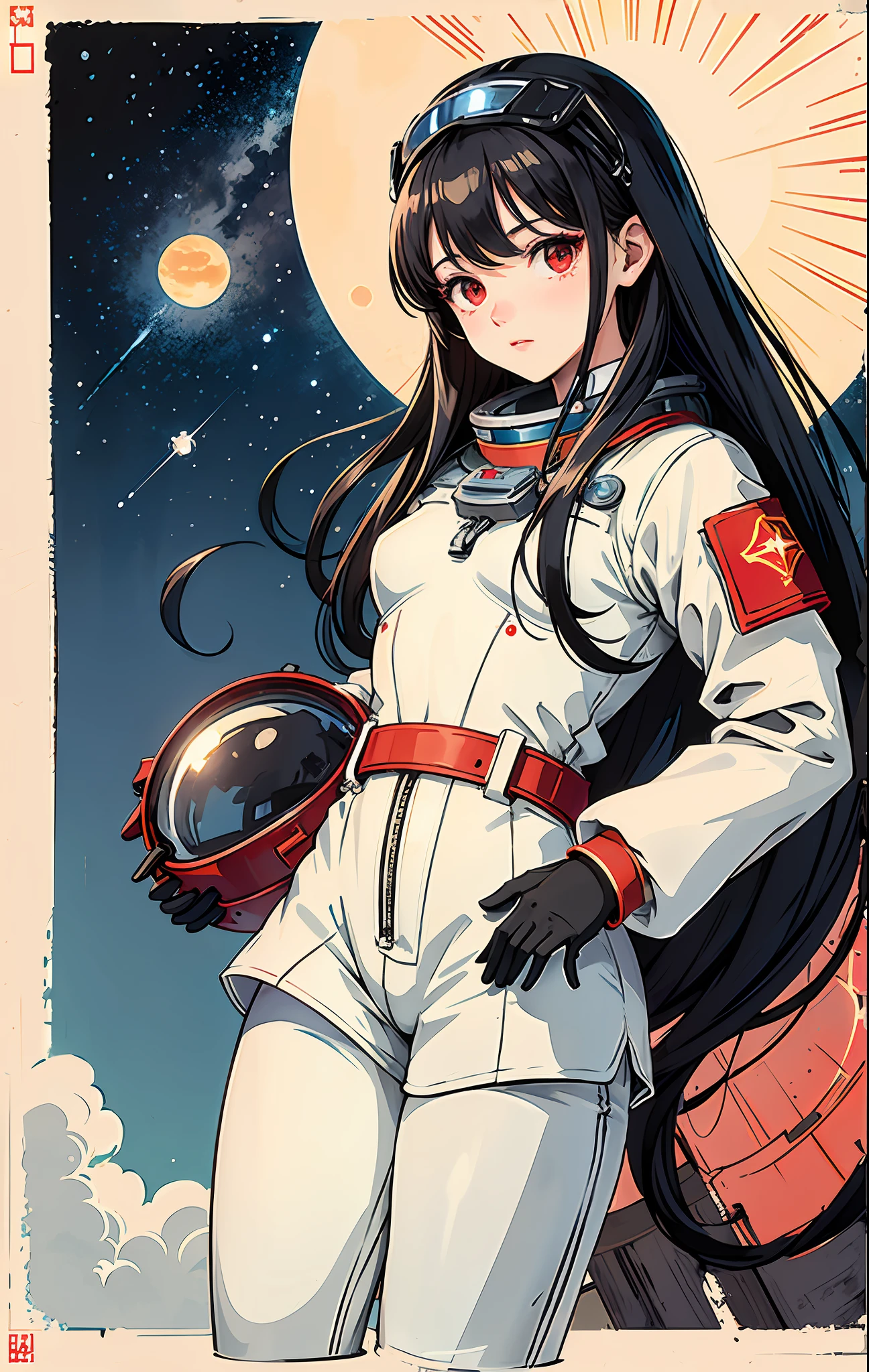 1girl, flat chested, cute, beautiful detailed eyes, shiny hair, visible through the hair, hair between the eyes, CCCPposter, sovietposter, red monochrome, Soviet poster, USSR, communism, black hair, red eyes, vampire ,girl,small breasts,spacesuit:Orange_clothing_body:jumpsuit ), white_gloves, white_space shoes, white_helmet, CCCP scarlet letters on the top of the helmet, weightlessness, Side light, reflection, the person in the spacesuit is at the bottom left of the picture, right hand outstretched, right hand Gently touch the Salyut space station), the space station in the upper right corner of the screen, the reflected light of the sun, silver metal, red flag, brilliance, Soviet style, diffuse reflection, metal texture, blue earth in the distance, mech style, star sea, high-profile, majestic