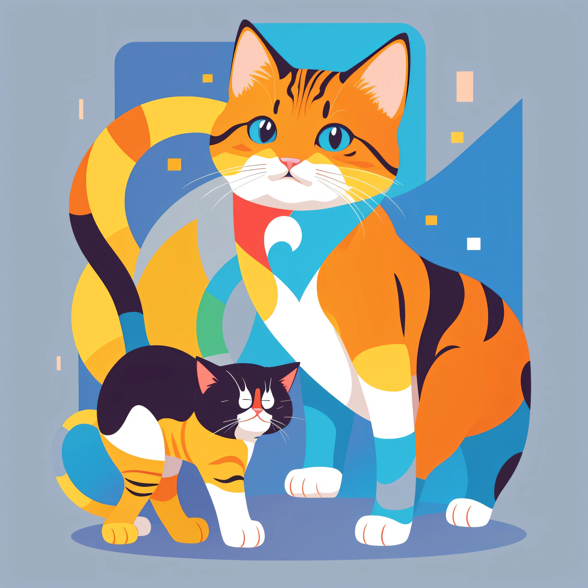 T-shirt graphic design art, flat illustration of a cute cat, colorful tones, highly detailed clean, vector image, photorealistic masterpiece, professional photography, flat white background, isometric, vibrant, vector