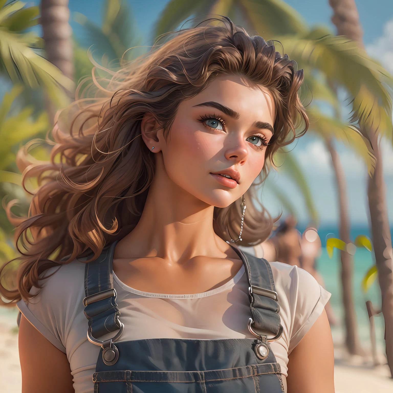 voluptuous body 19 year old girl ("Sarah Hyland", "Brooke Shields"), almond-shaped eyes, thick eyebrows, flushed cheeks, overalls only, Hyperrealism, UHD, best quality, highres, high details, 8k, sharpen focus, tropical beach