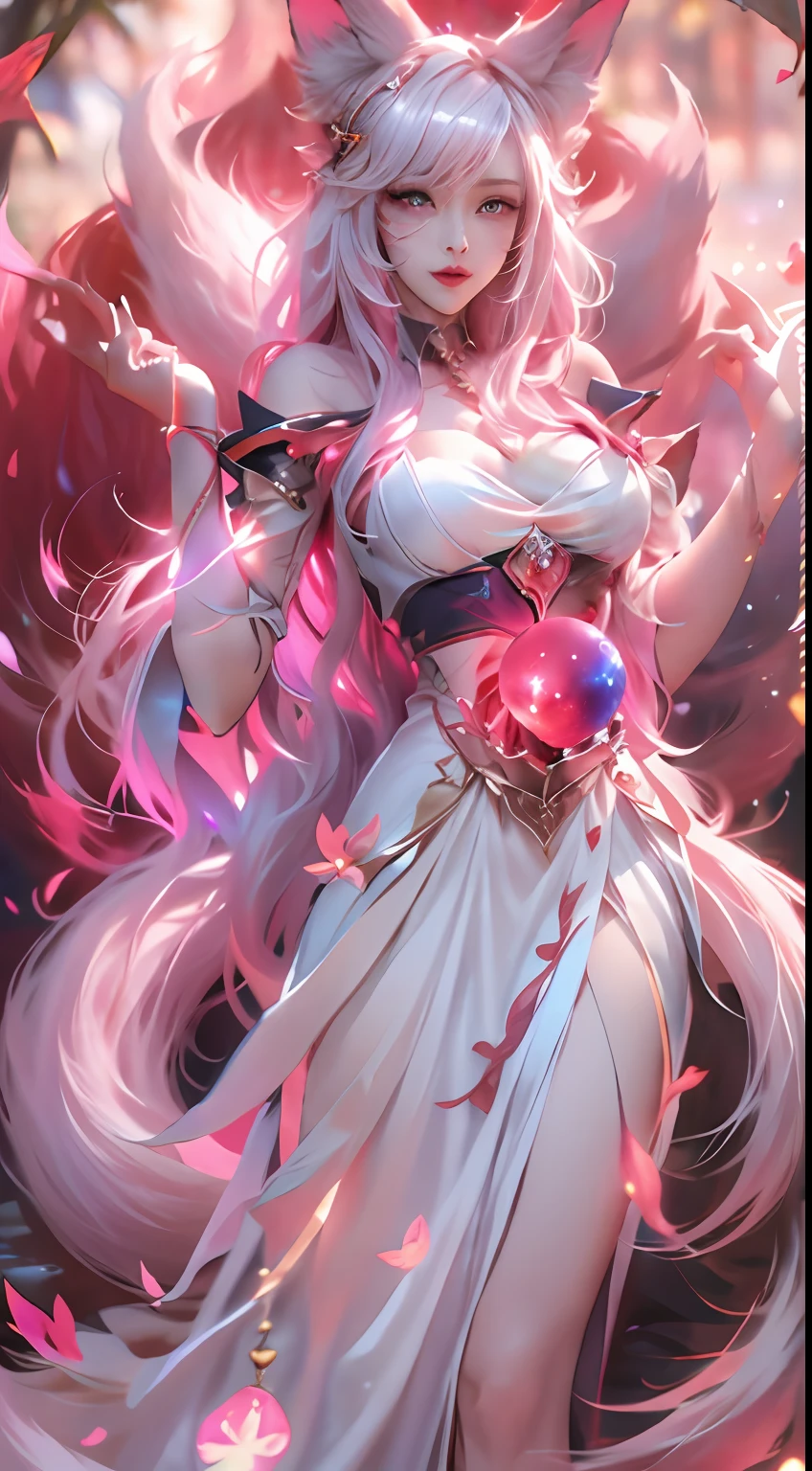 ahri，league of legend，Vastaya，kyuubi，Fox ears white hair girl，Nine tails exposed，(Raised sexy，enchanted，Seductive eyes)，(full bodyesbian，floating in air，Raise the red heart-shaped magic energy ball with both hands)，Exude power，Long flowing and fluffy hair，aura of power，eBlue eyes，(Combat posture，Battle background:1.1)，8K，Complicated details