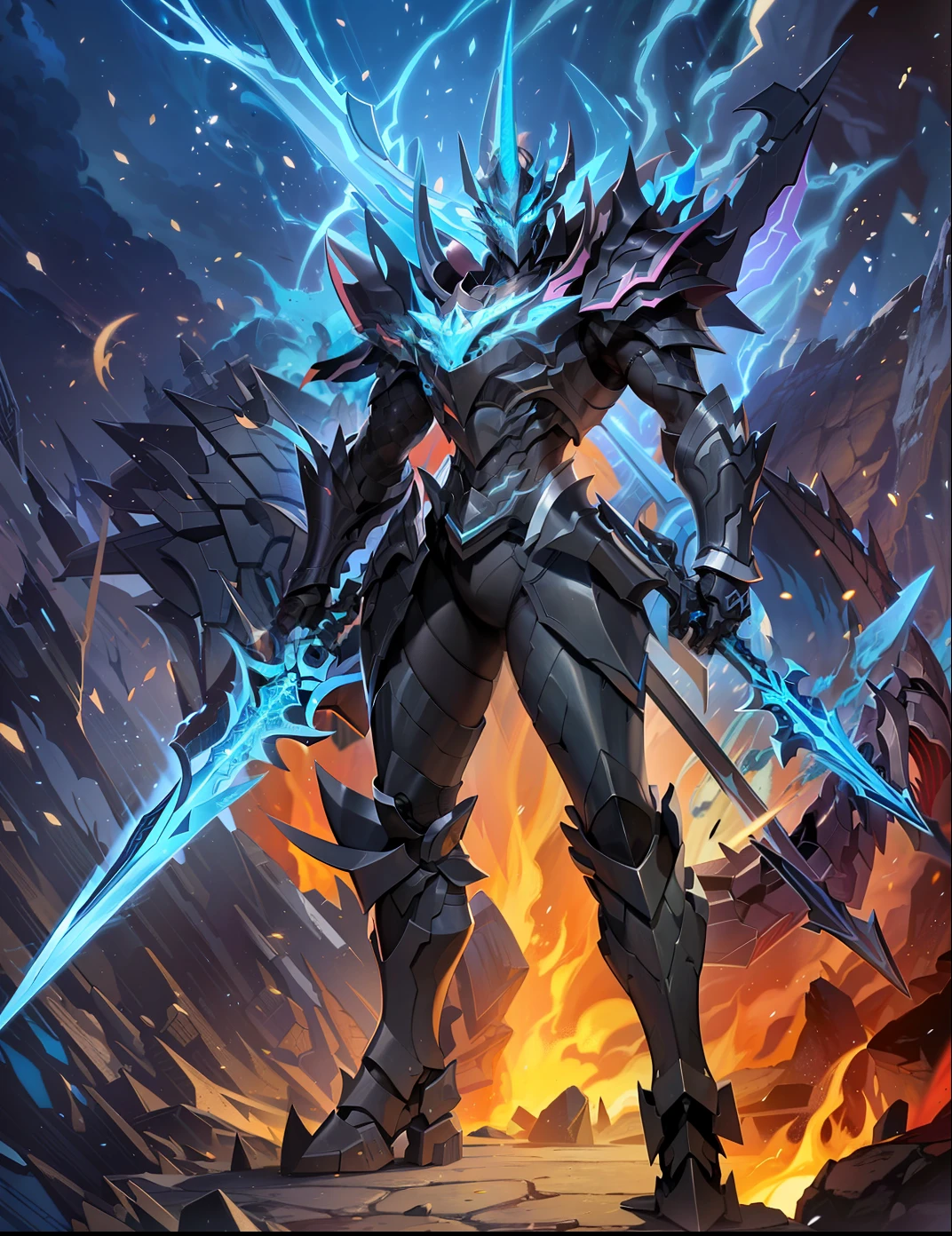A dark grey dragon, wearing a dark grey armor with a lot of pieces and light blue details, full body armor, armor covering his entire body, holding a sword with a radiant blue blade, 2 legs, 2 arms, surrounded by blue flames, standing, posing, showcasing his sword, 8k