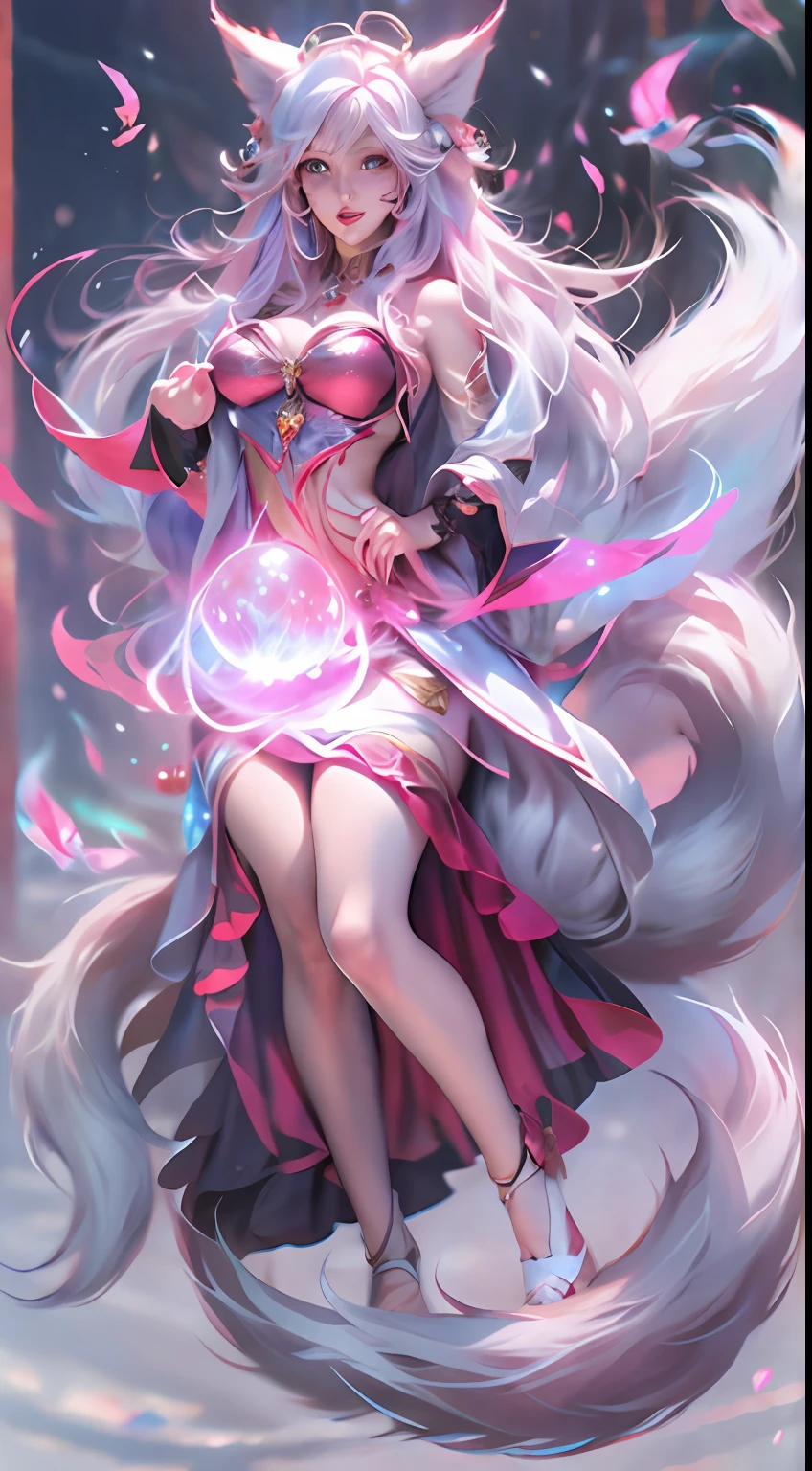 ahri，league of legend，Vastaya，kyuubi，Fox ears white hair girl，Nine-tails exposed，Raised sexy，Charming，Seductive eyes，(full bodyesbian，floating in air，Raise the large magic energy ball with both hands)，Exude power，Long flowing and fluffy hair，aura of power，eBlue eyes，(Combat posture，Battle background:1.1)，8K，Complicated details