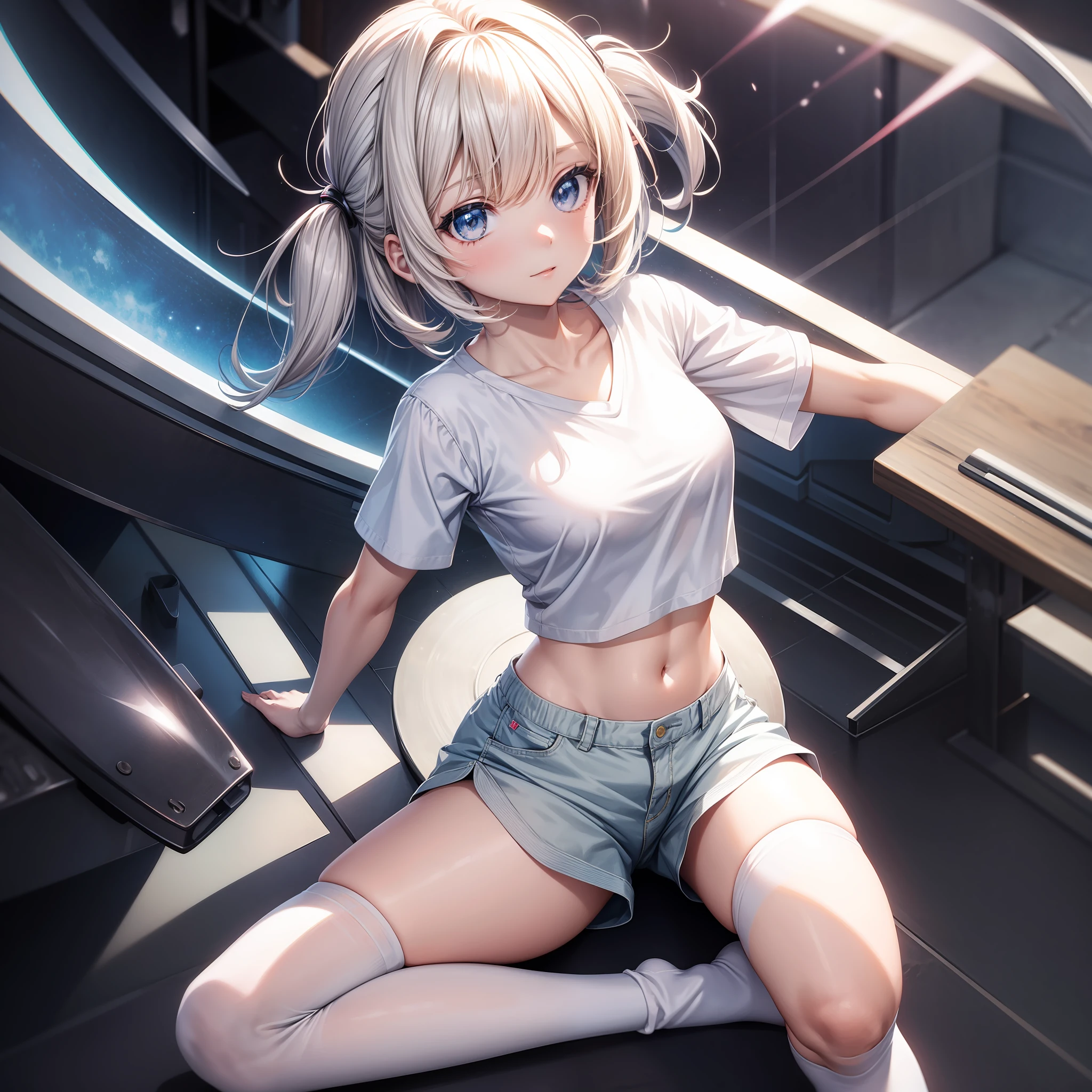 An anime girl,White shirt casual shorts,The clothes outline the chest,Looming,hyper HD,high high quality,over knee socks,No shoes,Give up resistance,4k