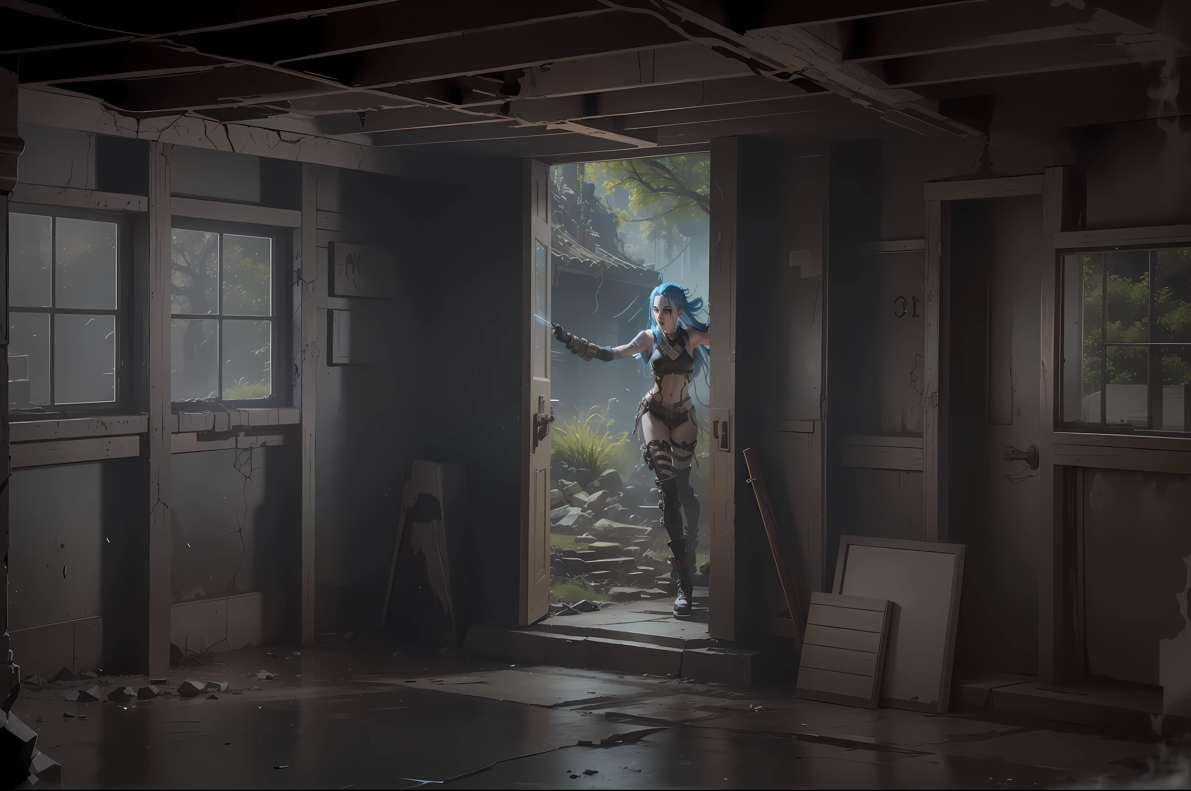 ((Best quality)), ((masterpiece)), (highly detailed:1.3), 3D, arcane style,In the dark and courageous dystopian city of Piltover, plagued by violence and divided into two opposing factions, a young prodigy named Jinx emerges. Having endured unimaginable loss and abandonment, she embraced a life of chaos and destruction. Known for her inventive and explosive abilities, Jinx becomes an icon of rebellion against the oppressive forces that control the city. However, haunted by guilt and battling inner demons, she must confront her past and decide whether to continue on the path of anarchy or seek redemption amid the turmoil. Explore Jinx's journey as she navigates a treacherous world, fighting for survival, unlocking secrets, and discovering the true meaning of her twisted existence, chaos reigns supreme, and at the center of it all is Jinx, the embodiment of unpredictability. Delve deep into Jinx's twisted mind, exploring the origins of his madness and the driving force behind his destructive nature. Unravel the moments that shaped her into the crazed, iconic character we know. Take us on a wild journey through the vibrant streets of Piltover and the shadowy suburb of Zaun as Jinx wreaks havoc with his explosive arsenal. Can redemption find its way into Jinx's fractured soul? Or will she dance forever on the edge of sanity, embracing the chaos that fuels her very existence? Arcane's fate hangs in the balance as Jinx's path intertwines with unlikely allies and formidable enemies. Ignite your imagination and paint a vivid portrait of Jinx's distorted psyche, capturing the essence of her madness and the indomitable spirit that defines it, HDR (High Dynamic Range), Ray Tracing, NVIDIA RTX, Super-Resolution, Unreal 5, Subsurface Scattering, PBR Texturing, Post-processing, Anisotropic Filtering, Depth of Field, Maximum Clarity and Sharpness, Multit Textures