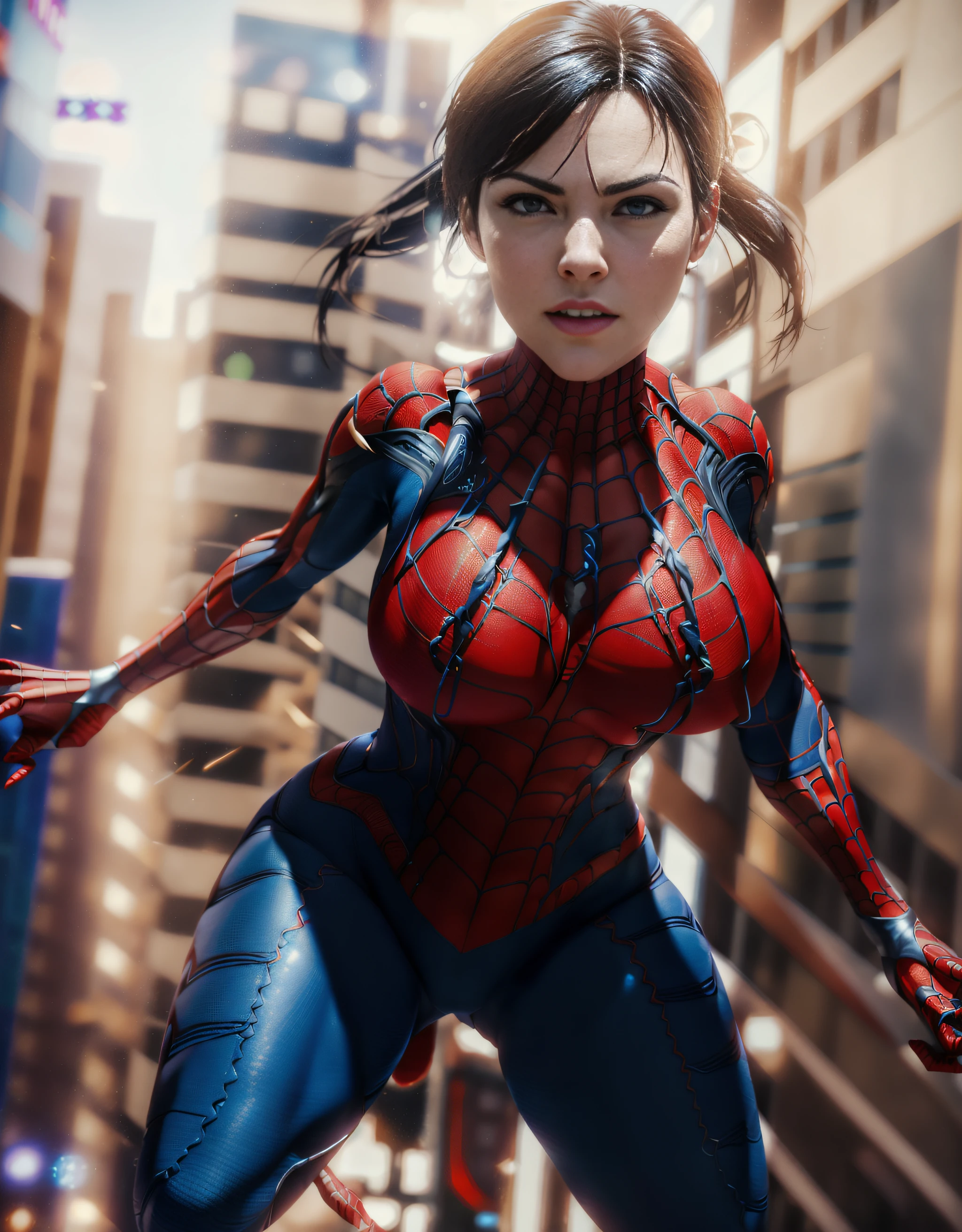 3d female SpidermanClasic , sexy ((without mask))
flying with buildings in the background, dynamic pose, masterpiece, highres, photorealistic, best quality, perfect lighting, adult, mature, female, 1girl, 8k,  realistic, photo-realistic, ultra-detailed, fullbody