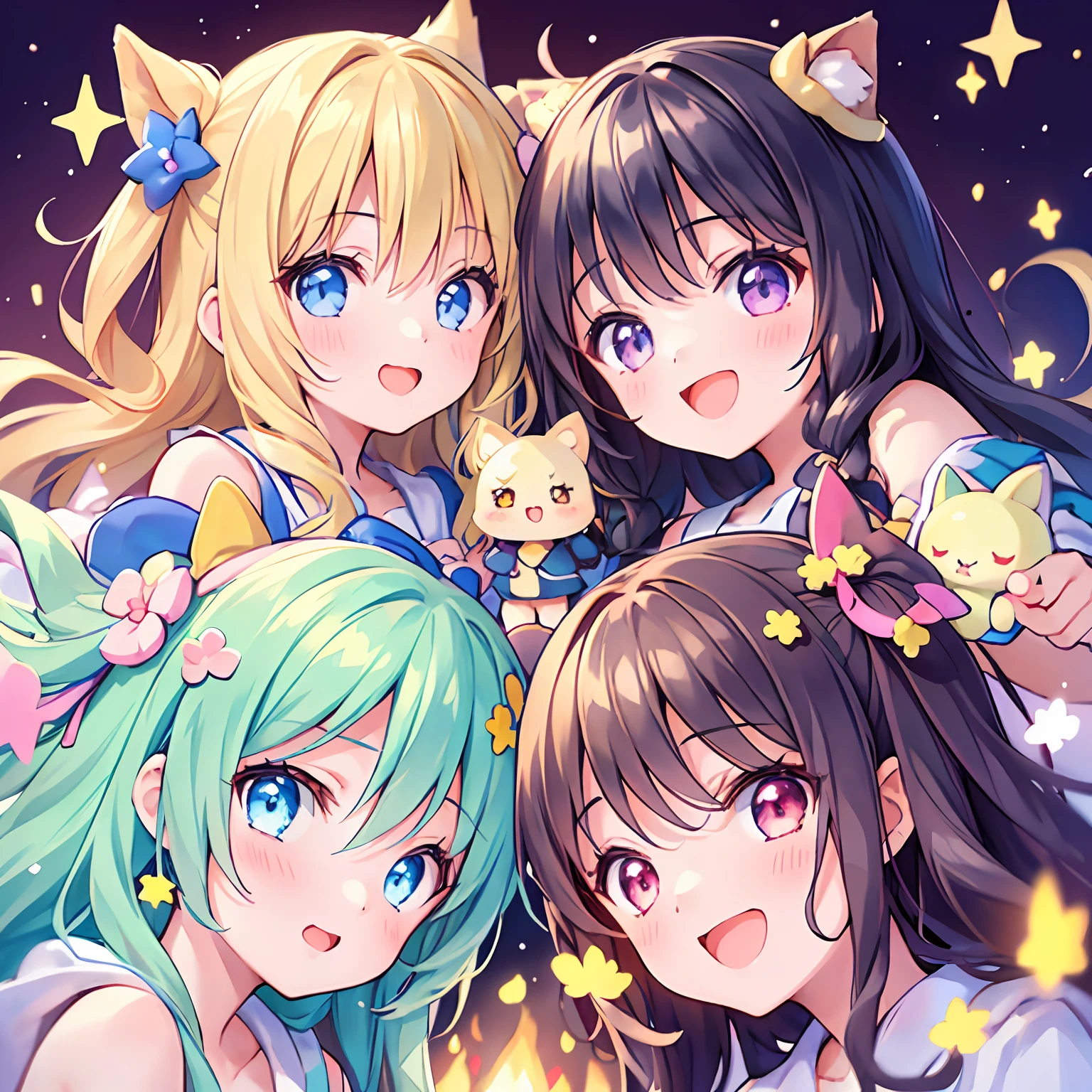 masterpiece, (2girls and 2girls and 2girls and 2girls around campfire), idol, big eyes, kawaiitech, kawaii, cute, pastel colors, best quality, happy, deep background, symmetrical, tilted head, summer