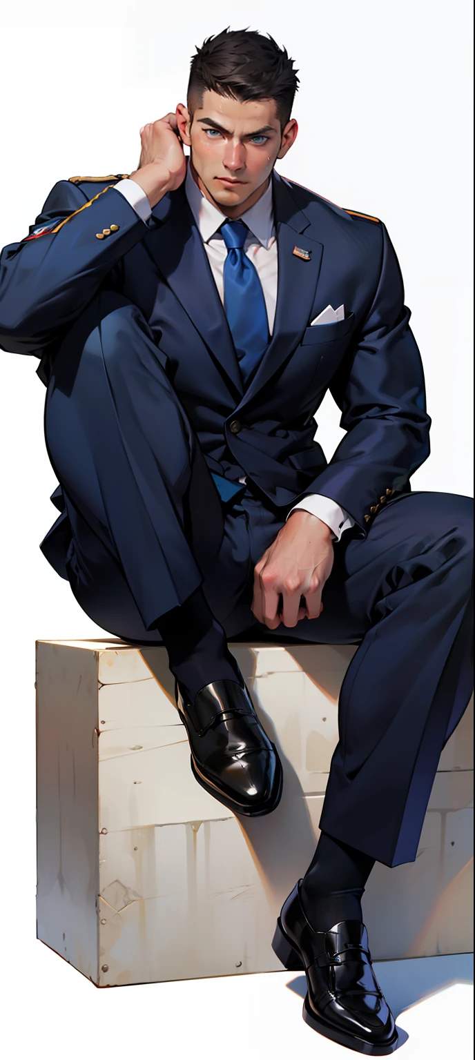 masterpiece, best quality, face, natural eyes, 1man, european, big feet, black socks, full body, (in suits), large bulge, long legs, looking at viewer, 30 years old, muscled and mature, sea, a navy soldier, white navy army uniform, navy army, short haircut, sitting with legs streched, blue eyes, flush, organism, face covered with white fluids, sweating, tight cloth, erecting