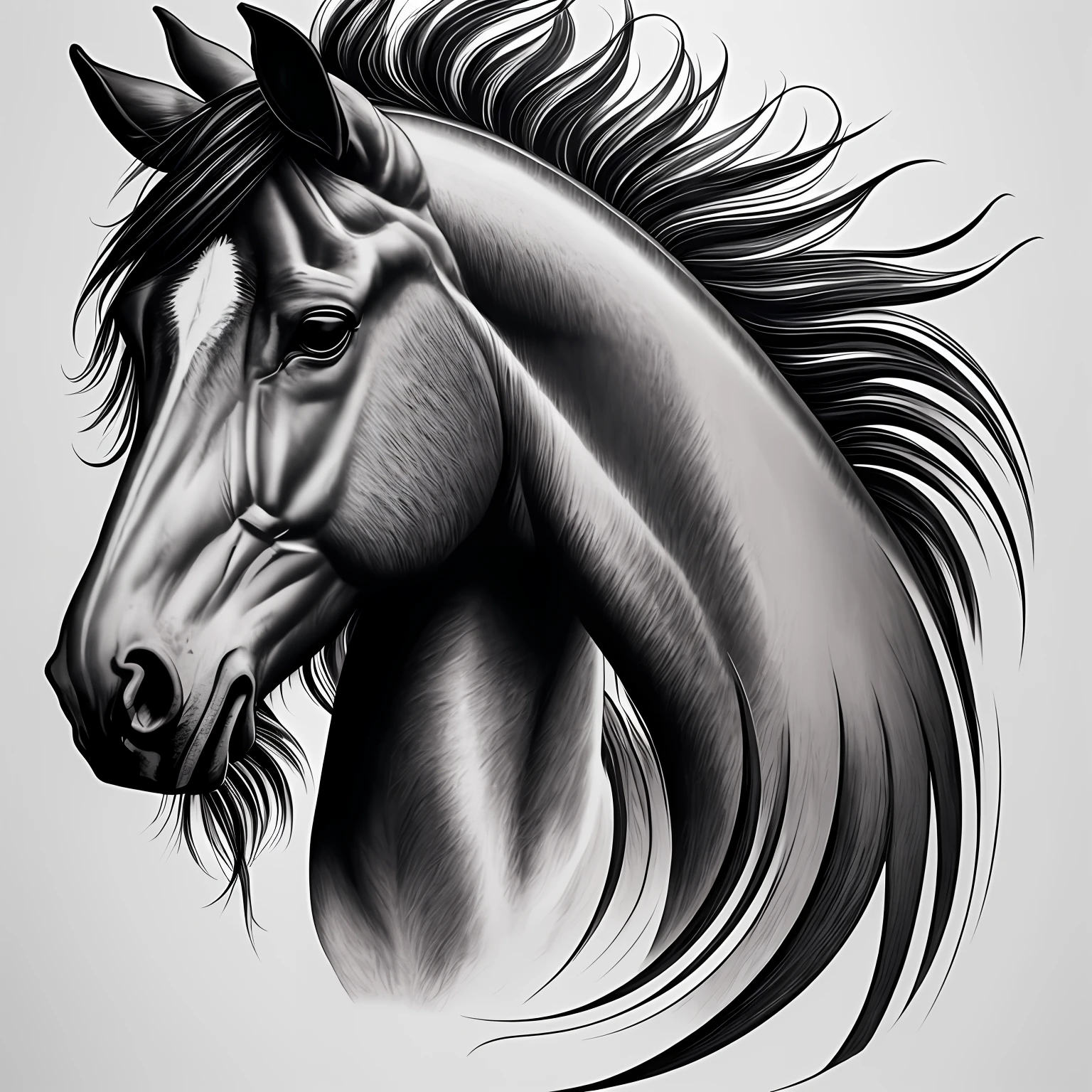 Cavalo arafed com uma juba longa e uma juba preta, air brush illustration, monochromatic airbrush painting, Cavalo digital, desenhado com photoshop, sombra hiperrealista, hd illustration, inspirado em John Frederick Herring, Ir.., Desenho 4K, sombreamento realista, artistic drawing, ultra realistic illustration, preto e branco realista, high quality sketch art, arte vetorial em preto e branco
