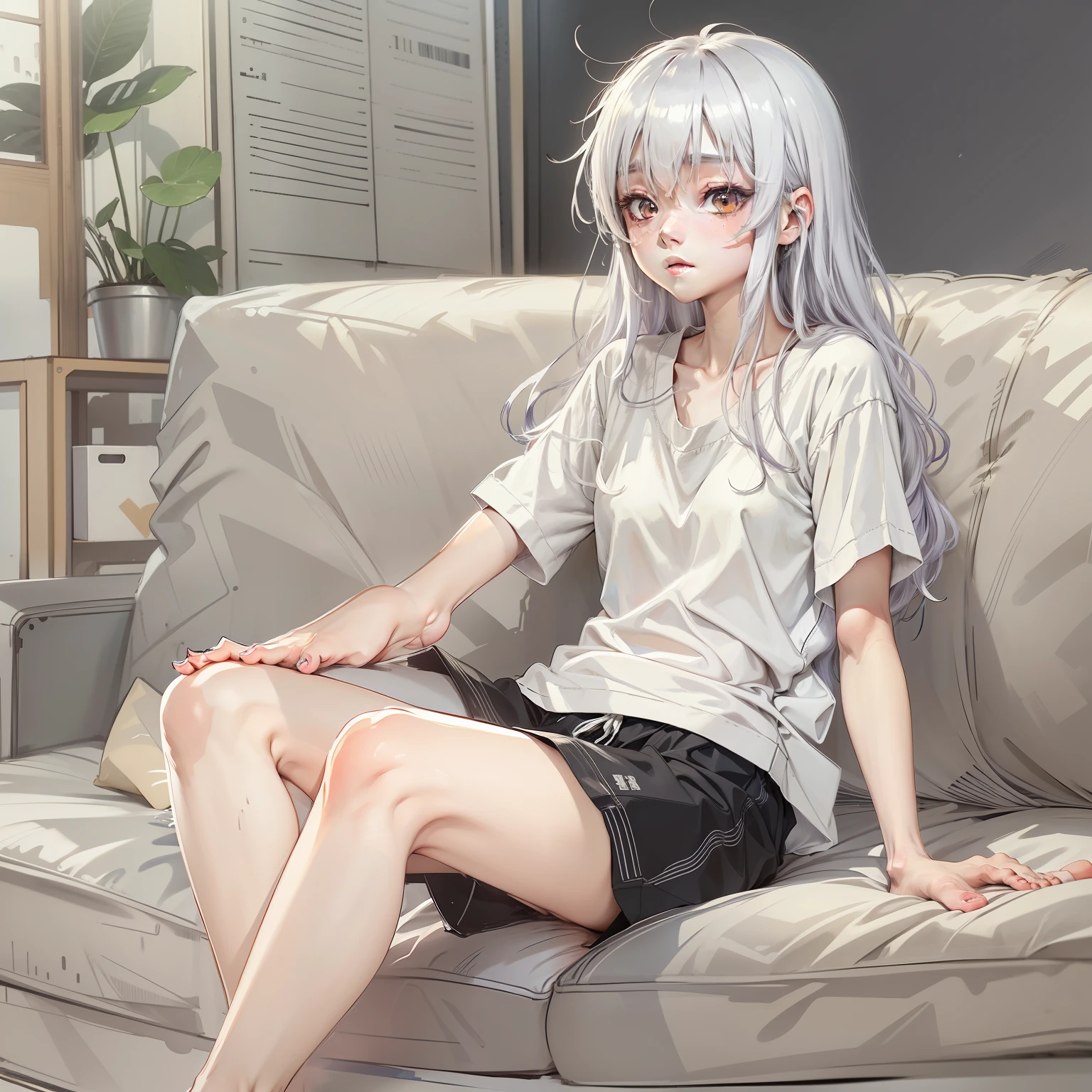 -yeld te thin, short height, big white shirt, black shorts, bare feet, sitting on sofa, long white hair and messy, Kozakura character in Urasekai anime, high quality masterpiece, languishing eyes, gray eyes