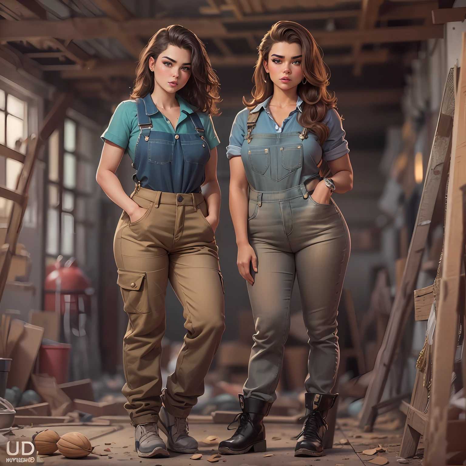 voluptuous body 19 year old girl ("Sarah Hyland", "Brooke Shields"), almond-shaped eyes, thick eyebrows, flushed cheeks, overalls only, (nearly without clothes:1.3), Hyperrealism, UHD, best quality, highres, high details, 8k, sharpen focus, construction site