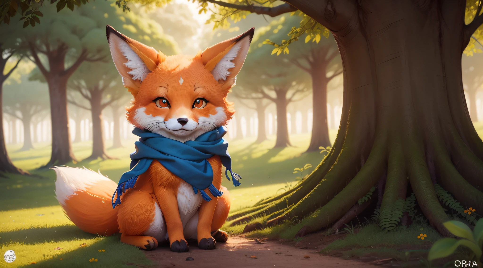 Create an image for a children's book for 5--olds(obra-prima))), melhor qualidade, an orange open-eyed fox fillet with a large blue scarf around its neck. Floresta fofa e com arvores altas. In children's animation format. The fox is sitting, feliz e ela aparece sozinha. Raposa sozinha na floresta.. Raposa bonita, olhos abertos, sorridente, grama, flores, and good lighting.
