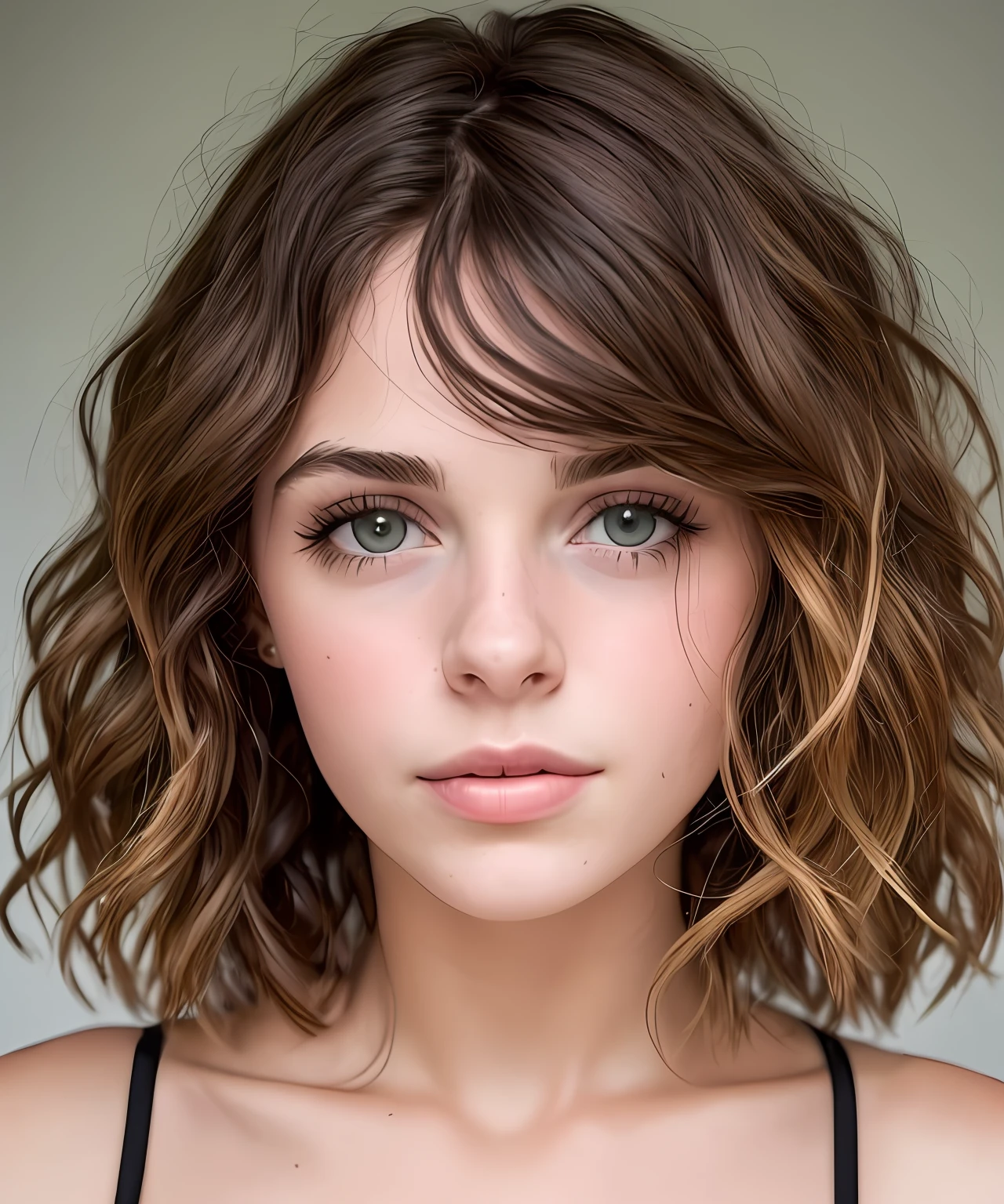 Menina rosto bonito com olhos azuis e cabelo cacheado