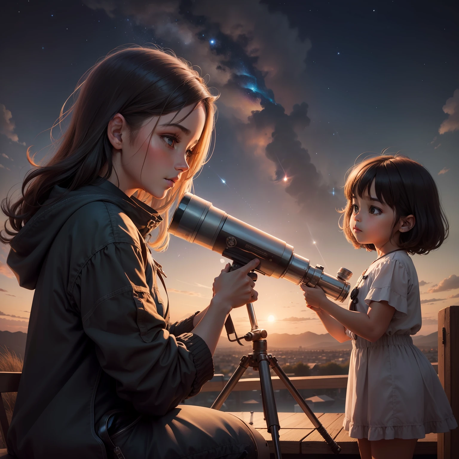 A woman from Arafed and a little girl looking through a telescope, telescope, Predicting the future, Watch the stars, Regarder le ciel, Planets visible in the sky, Regardez au loin, astronomie, astronomique, Regarder la lune, Regarder dans le cosmos, astrophotographie, In Search of the Stars, Watch the stars, Photographie fine en plein air