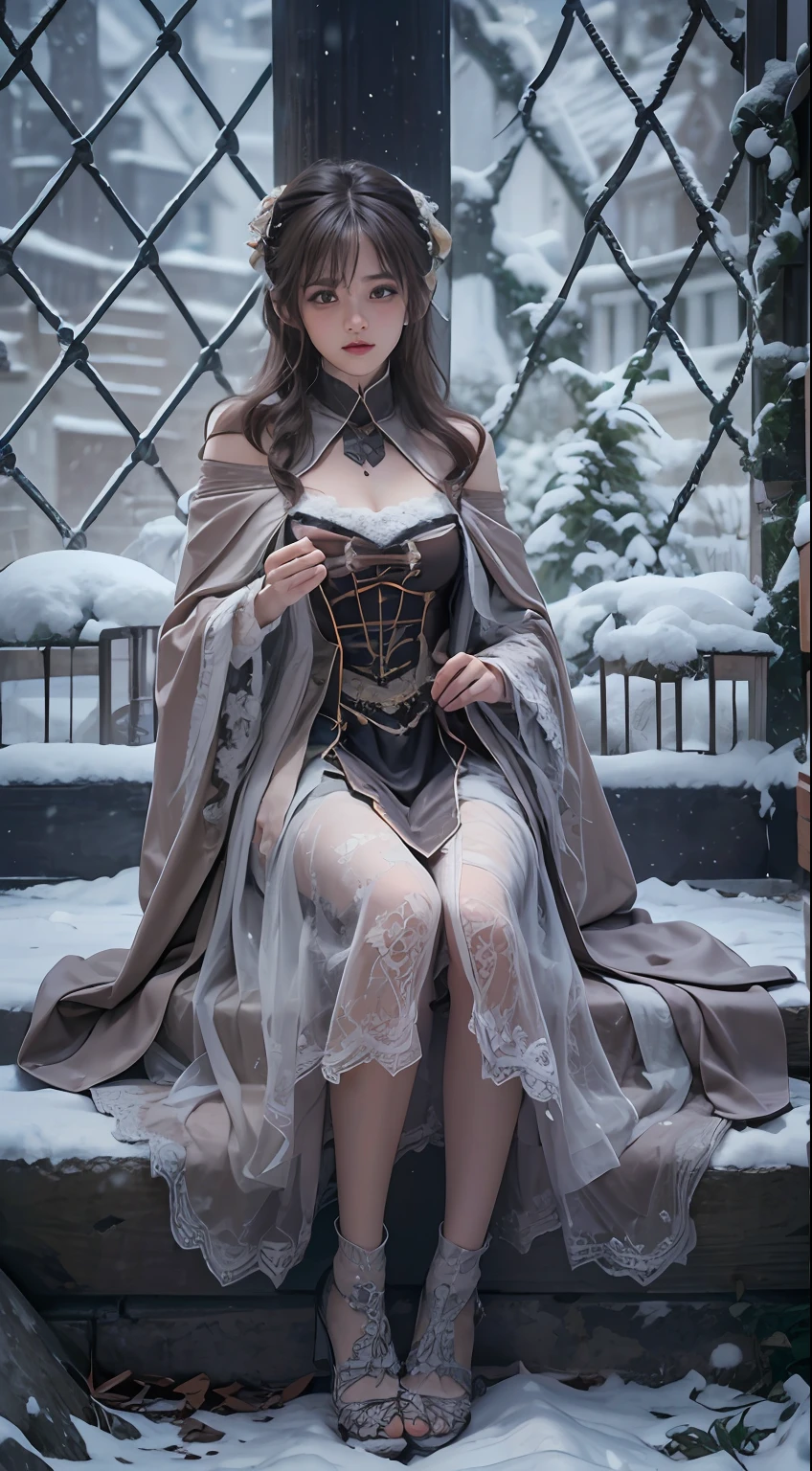 （8K，RAW photos， best qualtiy， tmasterpiece：1.2），（realisticlying， photograph realistic：1.4)，Hide your face with sadness，
Lolita costume，Lace， Aerith Gainsborough， The upper part of the body，upper legs，Lace， undergarments，exposed bare shoulders， do lado de fora， (outside，Covered with snow，cloaks，) high high quality， Adobe Lightroom， highdetailskin， looking at viewert，