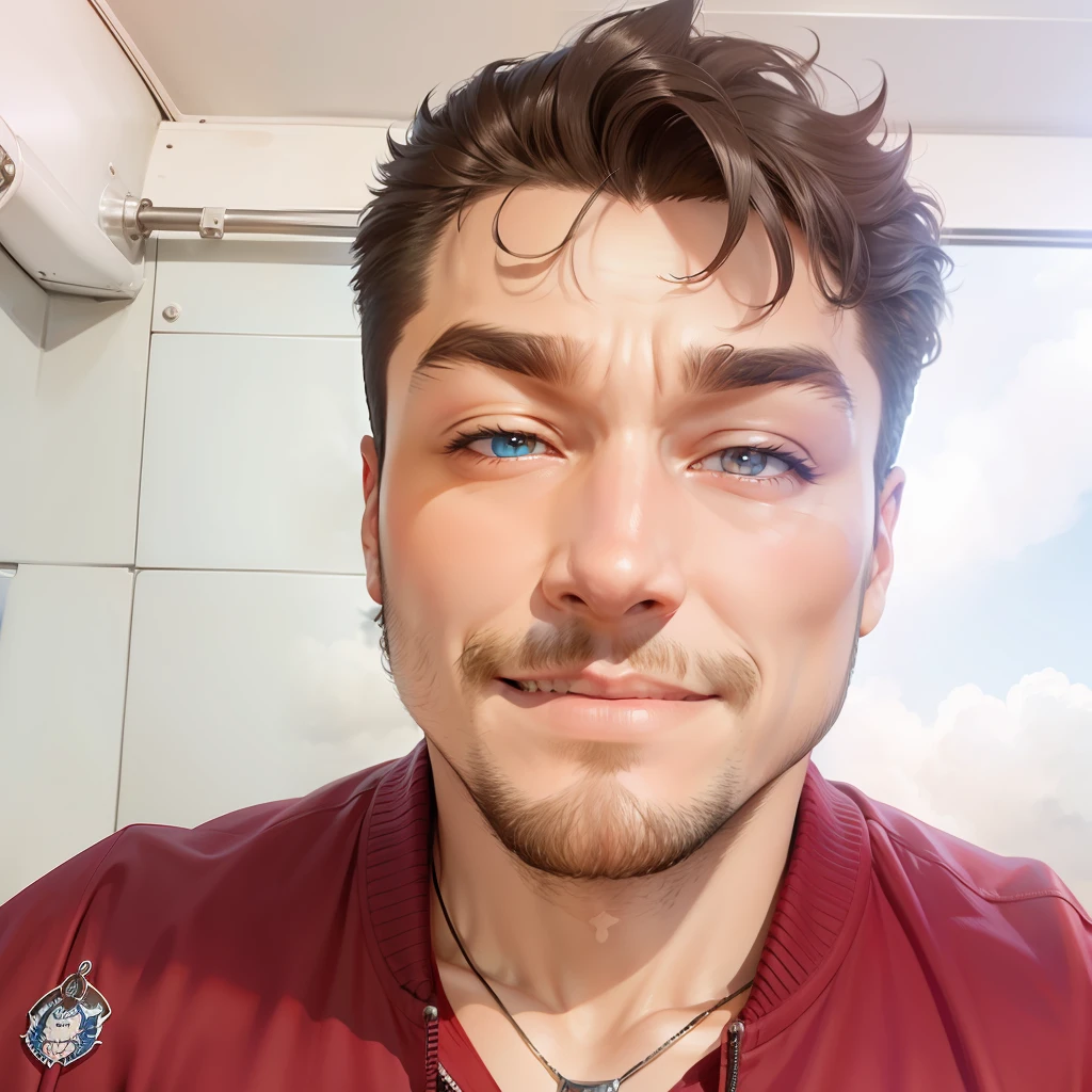 voluminous and messy hair,Affectionate eyes,Evil smile,Muscle men,outside,blue-sky,jaket,Clouds,Locomotive wind,Thick necklace