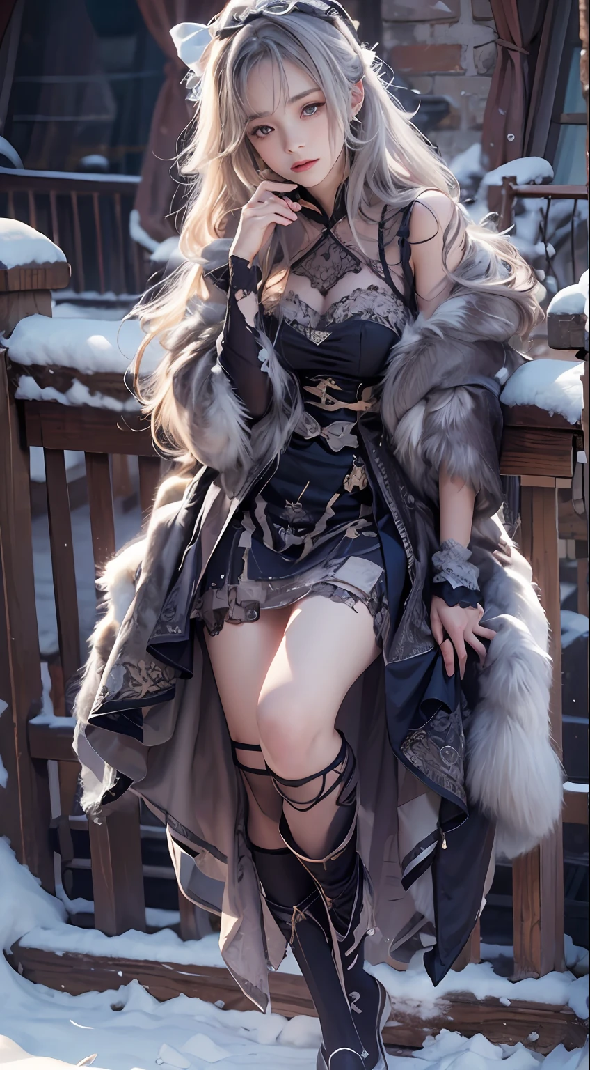 （8K，RAW photos， best qualtiy， tmasterpiece：1.2），（realisticlying， photograph realistic：1.4)，Hide your face with sadness，
Lolita costume，Lace， Aerith Gainsborough， The upper part of the body，upper legs，Lace， undergarments，exposed bare shoulders， do lado de fora， (outside，Covered with snow，cloaks，) high high quality， Adobe Lightroom， highdetailskin， looking at viewert，