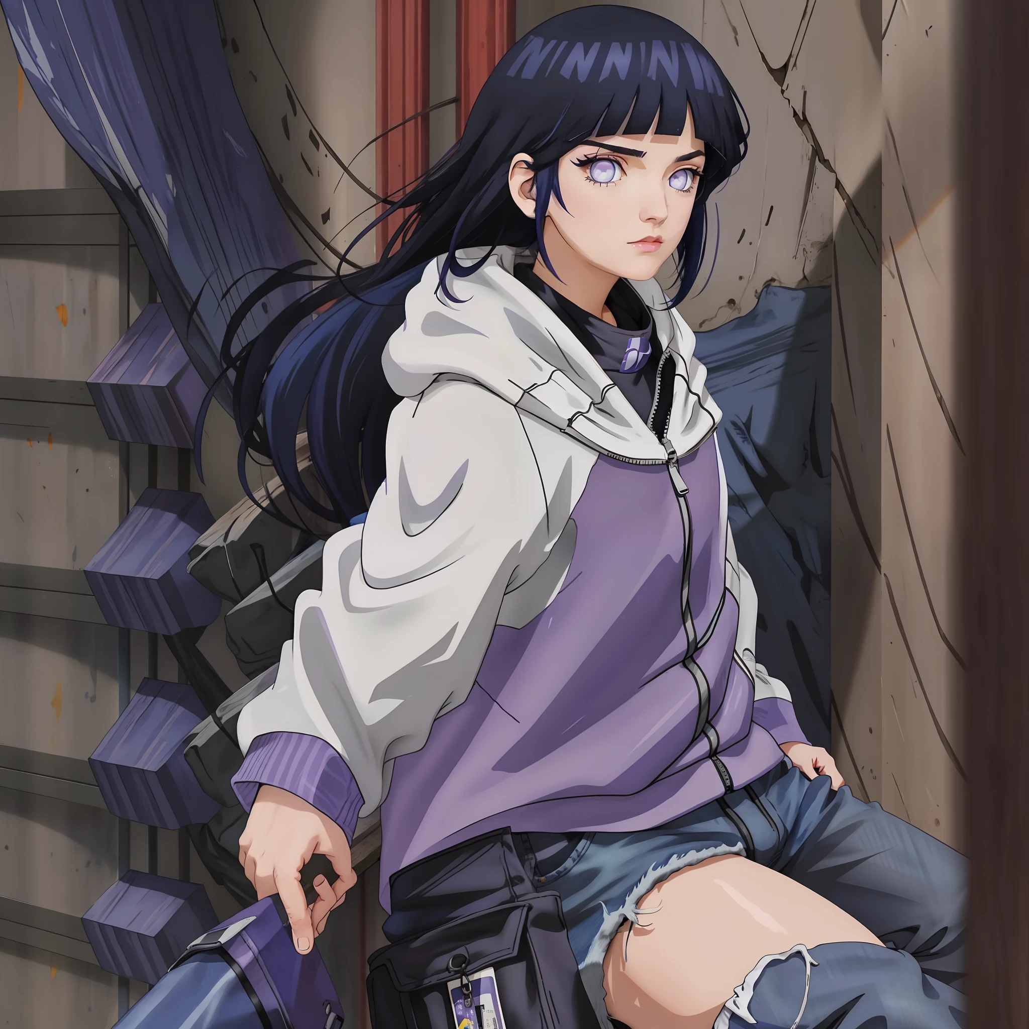 dark-blue hair,White eyes,purple eyeshadow,hoody,blue short pants,stocklings,thick leg