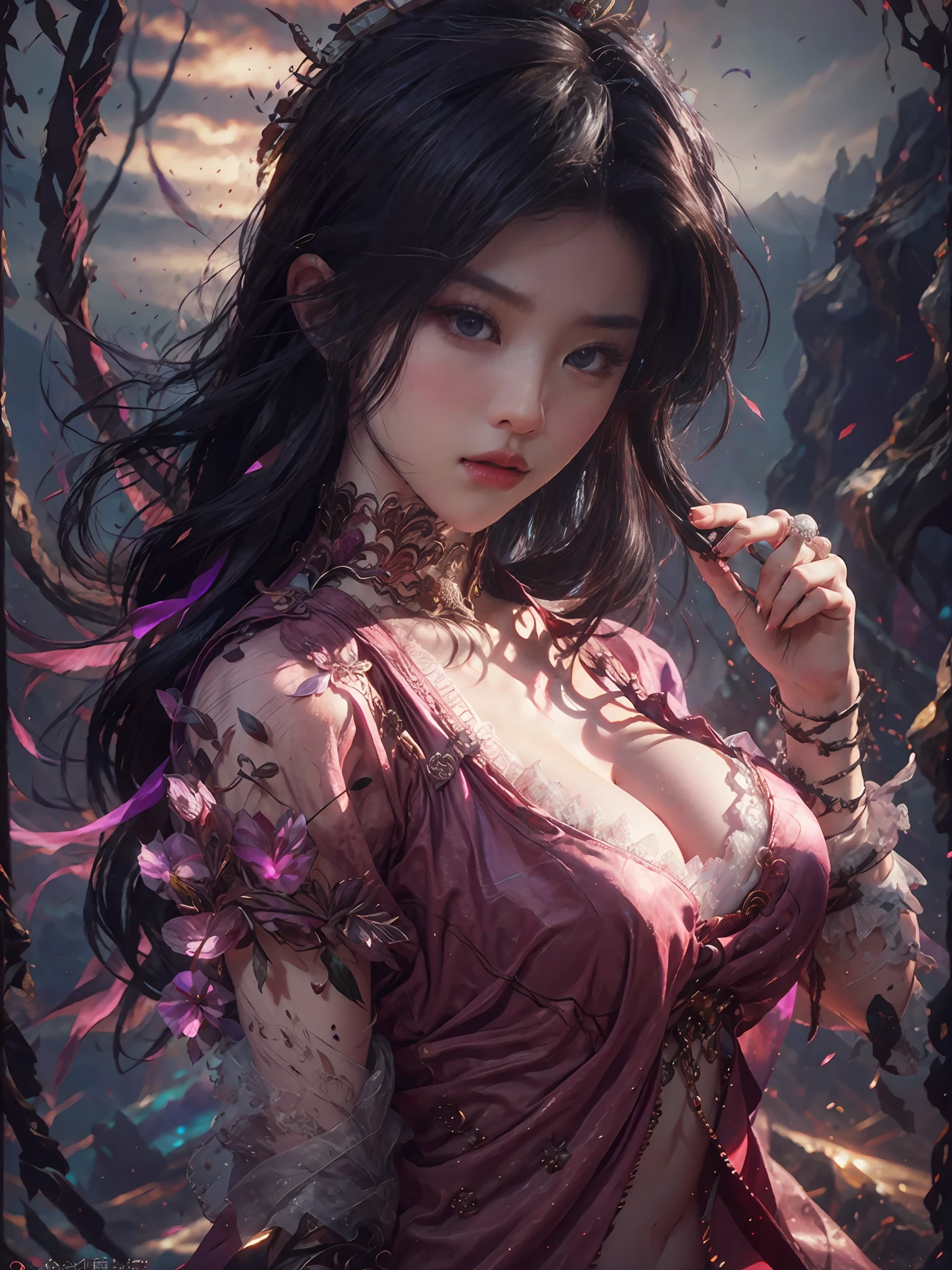 a close up of a woman in a red dress with long hair, beautiful alluring anime woman, a beautiful fantasy empress, inspired by Du Qiong, seductive tifa lockhart portrait, ((a beautiful fantasy empress)), seductive anime girl, beautiful anime woman, glamorous tifa lockheart, beautiful avatar pictures, mai shiranui, lady in pink armor, tifa, (lingerie:1.2), photo realistic, upon_body, tyndall effect, photorealistic, dark studio, rim lighting, two tone lighting, (high detailed skin:1.2), 8k uhd, dslr, soft lighting, high quality, volumetric lighting, candid, Photograph, high resolution, 4k, 8k, Bokeh, breast out, (nude:0.9), (purple eyes color), (transparent armor:1.0), big breast, --auto --s2