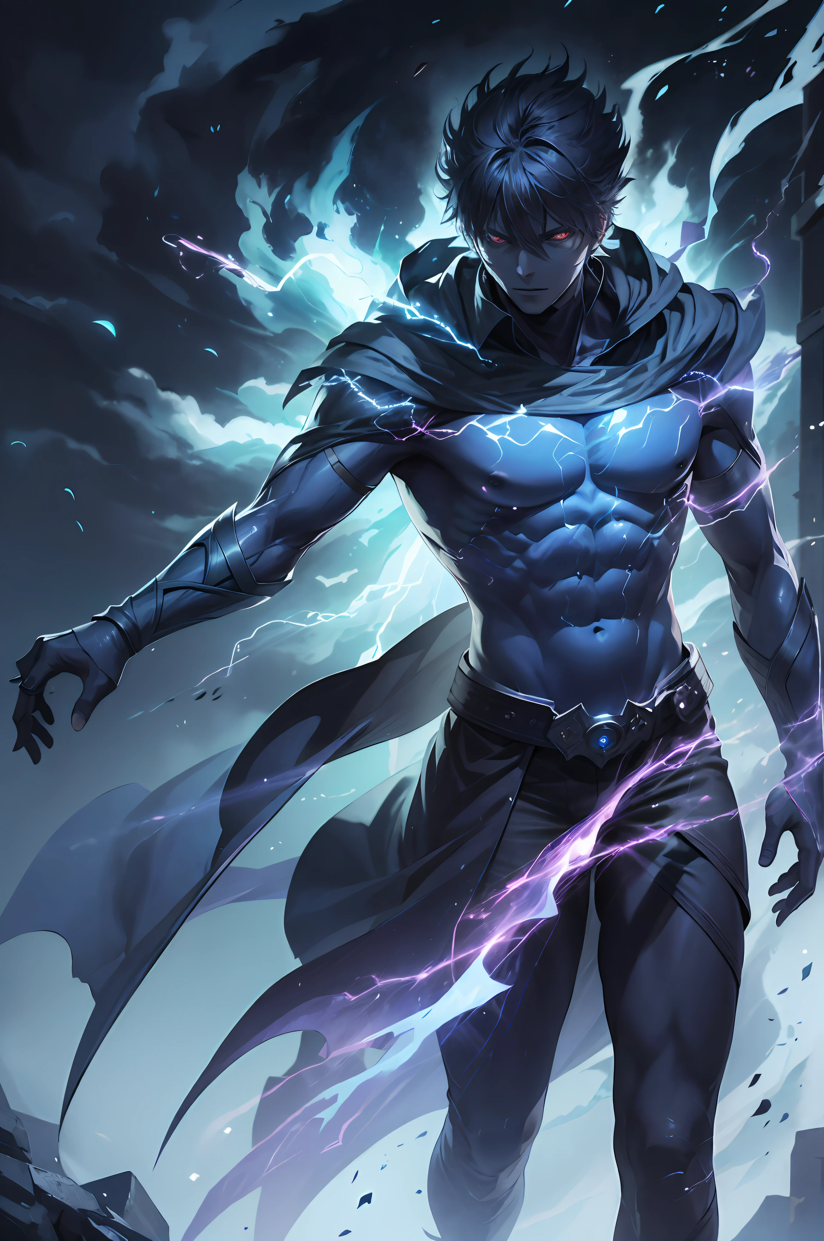 epic anime style, purple lightning, evil temperament, 20-year-old male shadow assassin, glowing black aura, shadow supervisor, handsome face, brilliant and majestic. Beautiful standard body and complete body structure. full body shot of a man with lightning in his hand, an epic anime about a purple energy man, in a battle stance with dark hair and glowing eyes looking at the viewer. Cool Gapmoe Yandere, menacing look, gintama's Hijikata Toushirou, inspired by Masanobu Okumura, the originator of the anime art style, Nobutaka Ike, the night war rages behind him. Highest image quality 8K, details everything 8K.