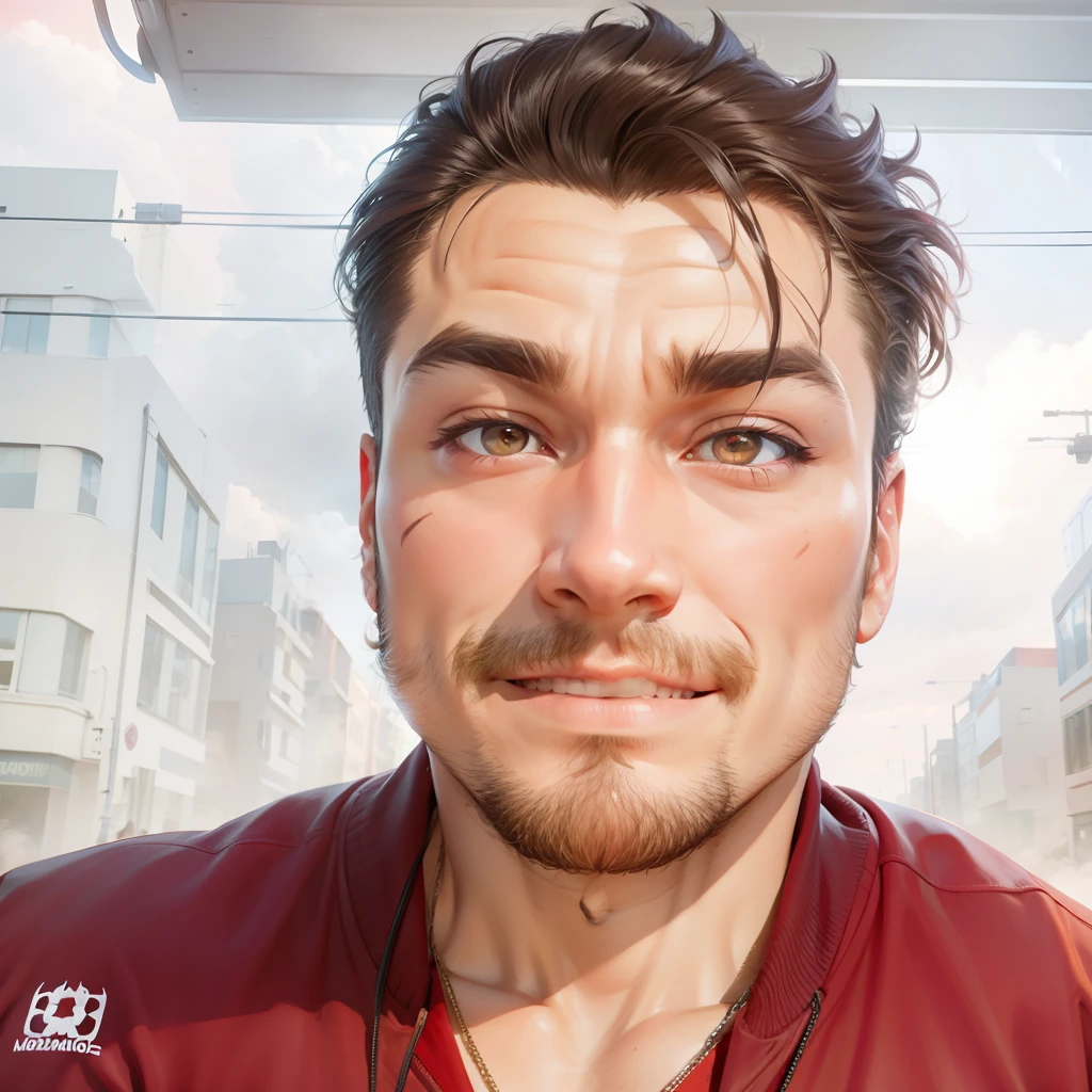 voluminous and messy hair,Affectionate eyes,Evil smile,Muscle men,outside,evening light,Buildings,intersection,Pedestrians,Red sky,jaket,Clouds,Locomotive wind,thick necklace
