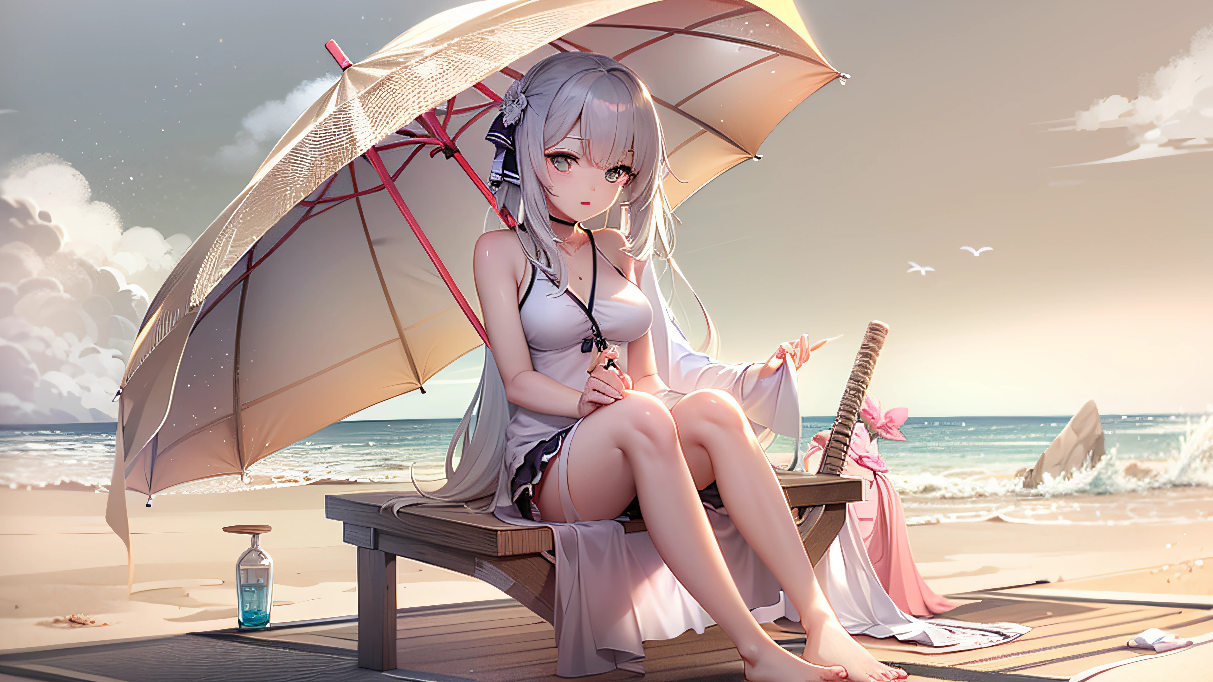 Anime girl sitting under umbrella under the beach, in beach, in the beach, On a sunny beach, on  the  beach, On a beach, from girls frontline, relaxing at the beach, azur lane style, On the beach, Best anime 4k , sunbathing at the beach