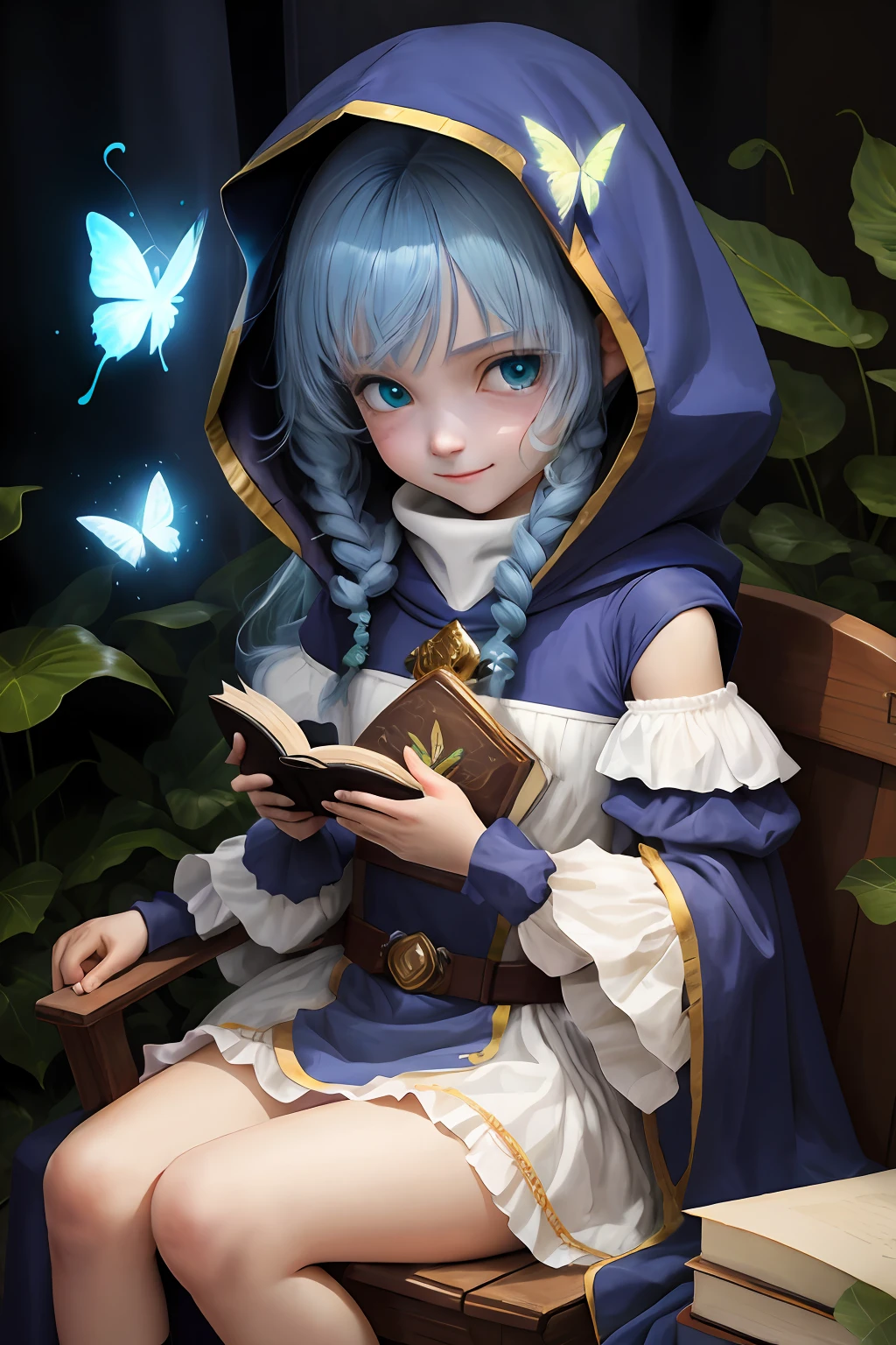 tmasterpiece， Best quality at best， Terran loli， Poor milk， white backgrounid， Black eyes，blue hairs， Green，simple backgound， Shy laugh， Holding a book，Sat down， Large hood with chest curtain， Separate sleeves， longer sleeves， frilld， pelvis curtain， Borderless clothing， Butterfly dress，are standing，On your stomach，Random actions