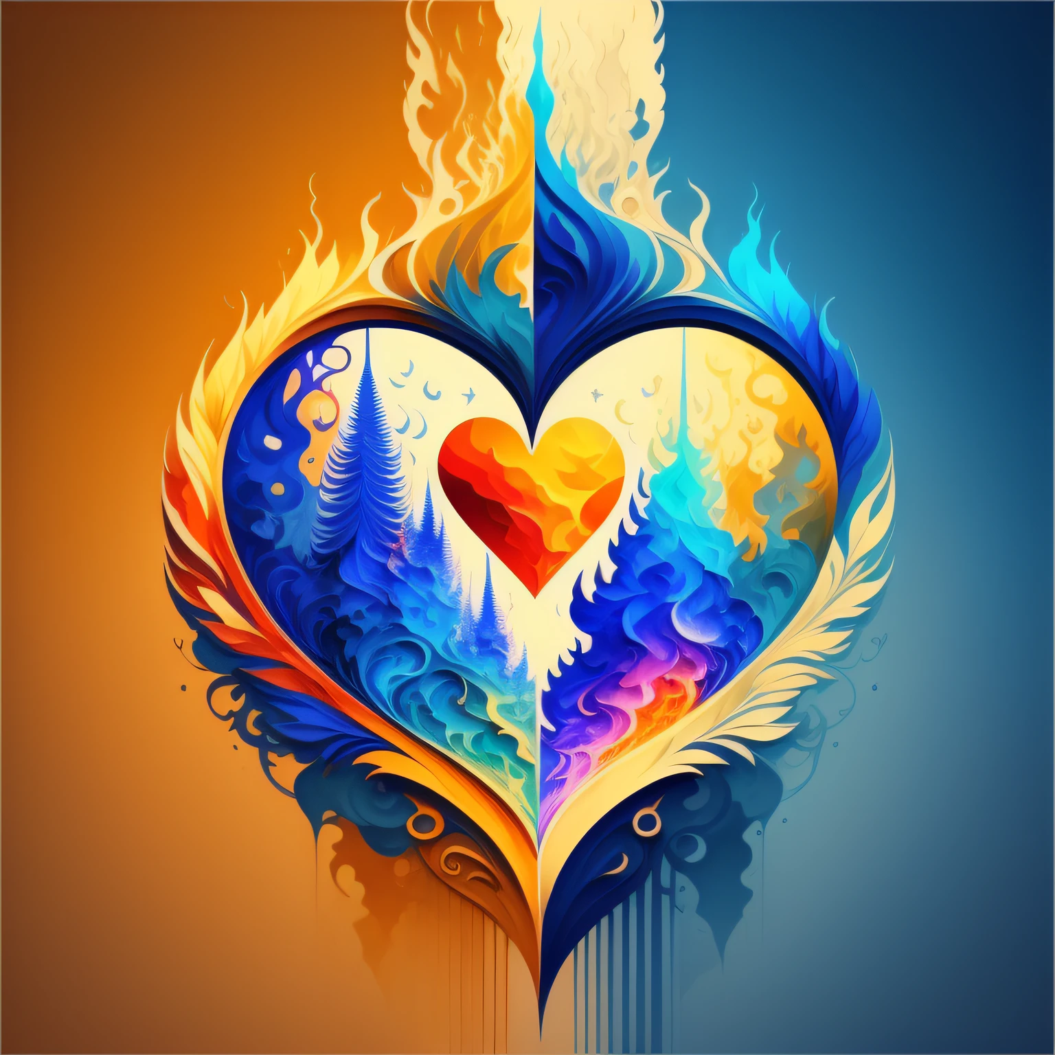 realism of a person in meditation or prayer,A burning flame in the shape of a heart, symbolizing the search for connection with the divine, 2D, work-Picasso the hand of God, colorful, colors blue white golden, detailed logo