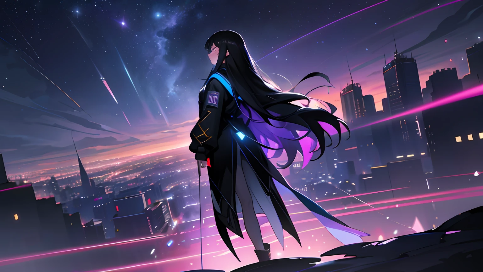 (masterpiece:1.2, best quality), (real picture, intricate details), raytracing, detailed face, extremely detailed CG unity 8k wallpaper, illustration, 1girl, long black hair, tall body, slender body, glowing blue eyes, tall slender body, black oversized jacket with purple lights, city landscape, back alley, neon lights, low camera angle shot, wide shot, full body shot, night sky, isolated, starry, starry light, night, colorful, cloud, star \(sky\),
