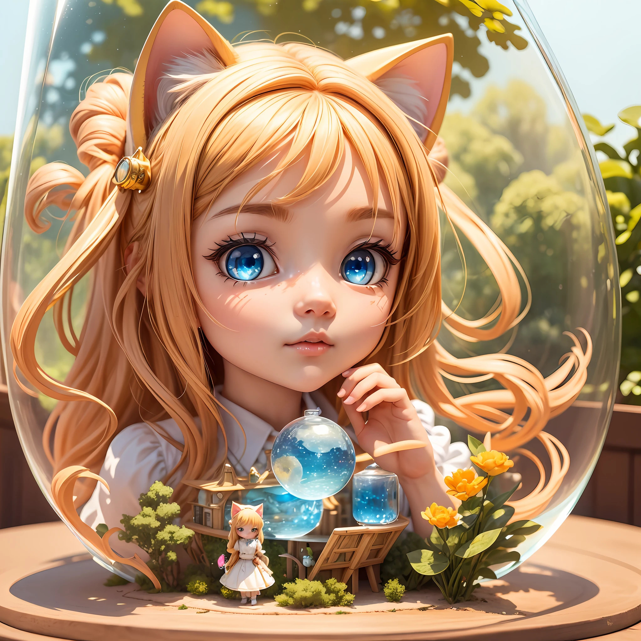 masterpiece, best quality,Q version characters,Miniature world,The World in the Bottle, axis shifting lens virtualization effect,A cute cat ear girl emerges from a transparent glass, blown fair,with cute blue eyes, There are many fish and starry sky floating around,exquisite facial features, incredibly detailed depictions and rich colors,