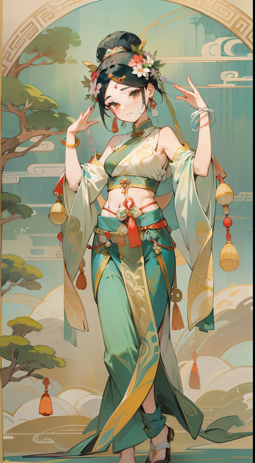 An ancient Chinese beauty, dancing, gorgeous costumes embroidered with complex embroidery, transparent long colored streamers tied on her arms, elegant, exposed belly button, bare shoulders, exposed neck, wreath, black hair bun and flower hairpin headband, Armbands are tied with ribbons, bracelets, anklets, metal chain tassels around the waist, Mogao Grottoes art, inspiration from Dunhuang Flying Apsaras murals, ink wash, cgstation pop --v 6