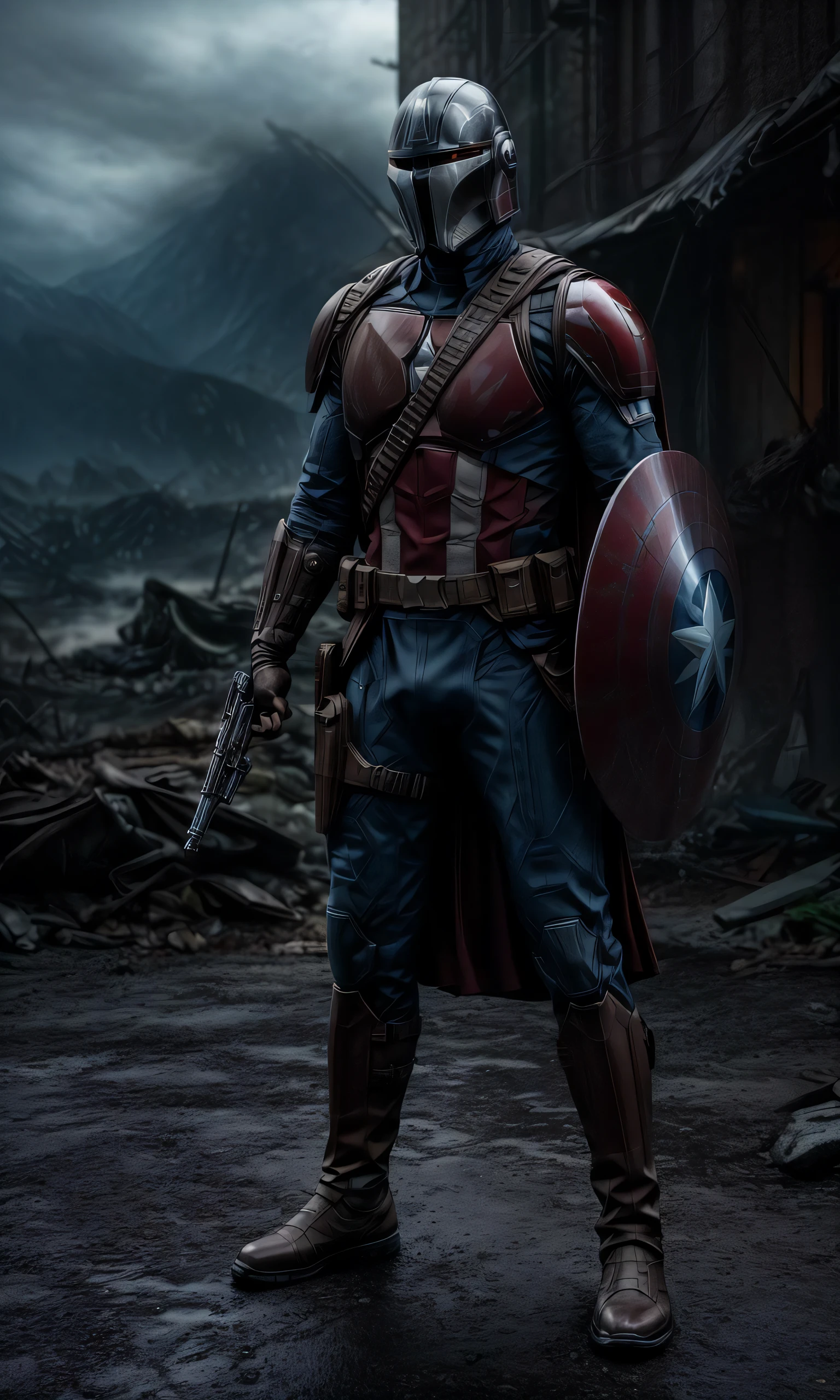 Extremely detailed and ultra - realistic full body illustration of Captain America as a Mandalorian, his helmet retaining the trademark winged A design of his classic mask, blended seamlessly with the traditional Mandalorian T - visored helmet. The helmet's reflection captures the intensity of the battle scene around him. He's holding his iconic shield, which now shows a blend of vibranium and beskar steel aesthetics, reflecting the world around him in its polished surface. His posture is vigilant and ready for combat. The backdrop is a gritty, smoke - filled battlefield under an overcast sky, as if rendered by Unreal Engine 5, giving a tangible sense of looming danger and high stakes. This piece carries an anime influence as inspired by the Niji model, adding a stylized edge to the hyper - realism. Portrait orientation with a ratio of 9: 16 completes the epic composition, BREAK BREAK BREAK