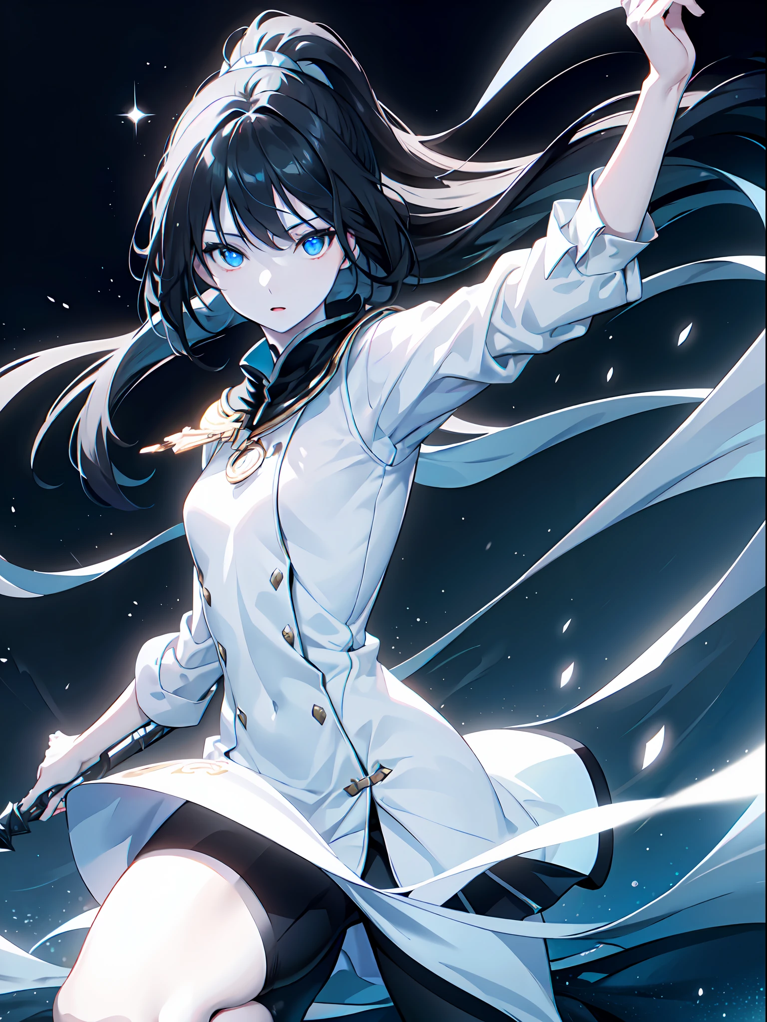 female, (solo:1.2), ((masterpiece)), ((pale skin)), ((detailed eyes)), (bokeh effect), (dynamic angle), dynamic pose, black hair, blue eyes, sharp eyes, long hair, ponytail