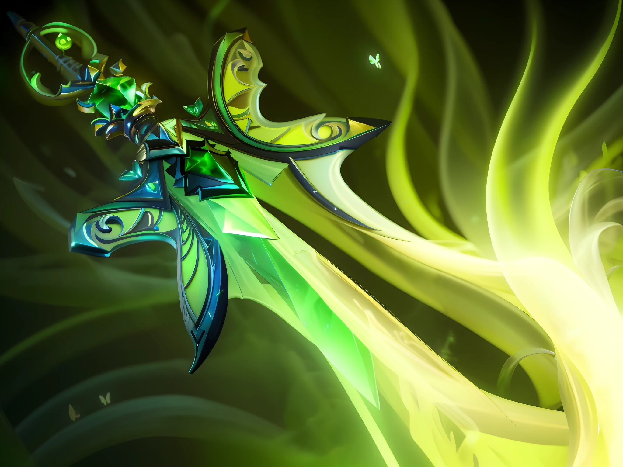 masterpiece, best quality, A sharp green sword, the glove of the sword is in the shape of a butterfly, the body of the sword has a green gem, the blade of the glowing green soul, the image of ability, the tip of the sword glows, the artifact Dota2, the green halo, the rotating green smoke, drawn in a mysterious style, the glow energy effect, the radiation slime trail, the magic spell icon, the glowing spore fly